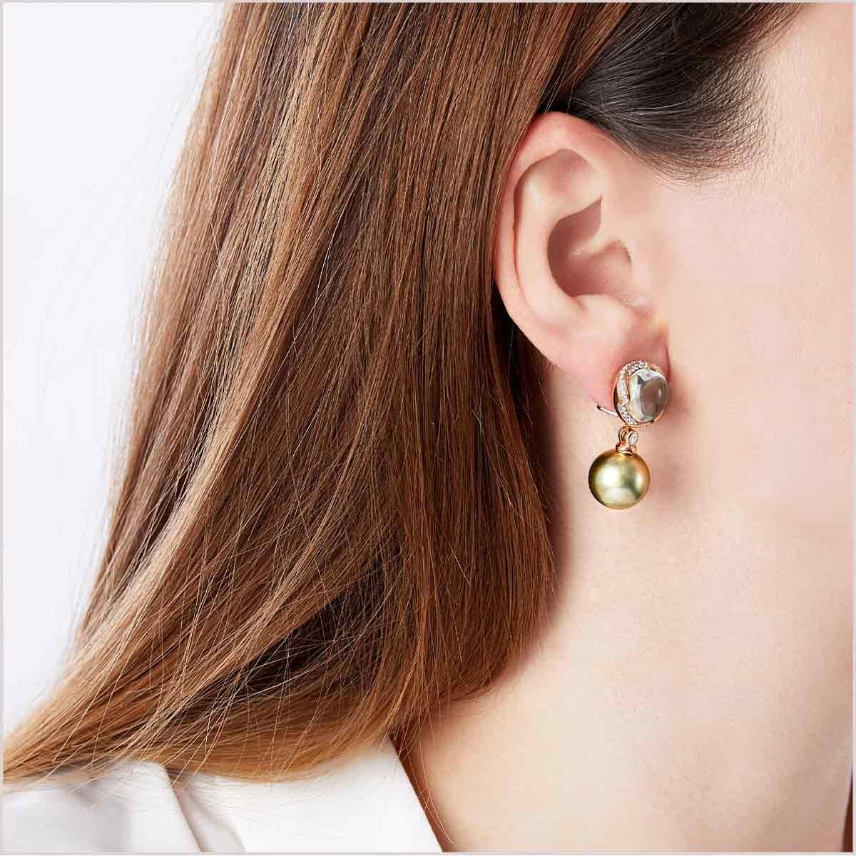 Contemporary Yoko London Pistachio Tahitian Pearl & Diamond Earrings in 18k Rose Gold
