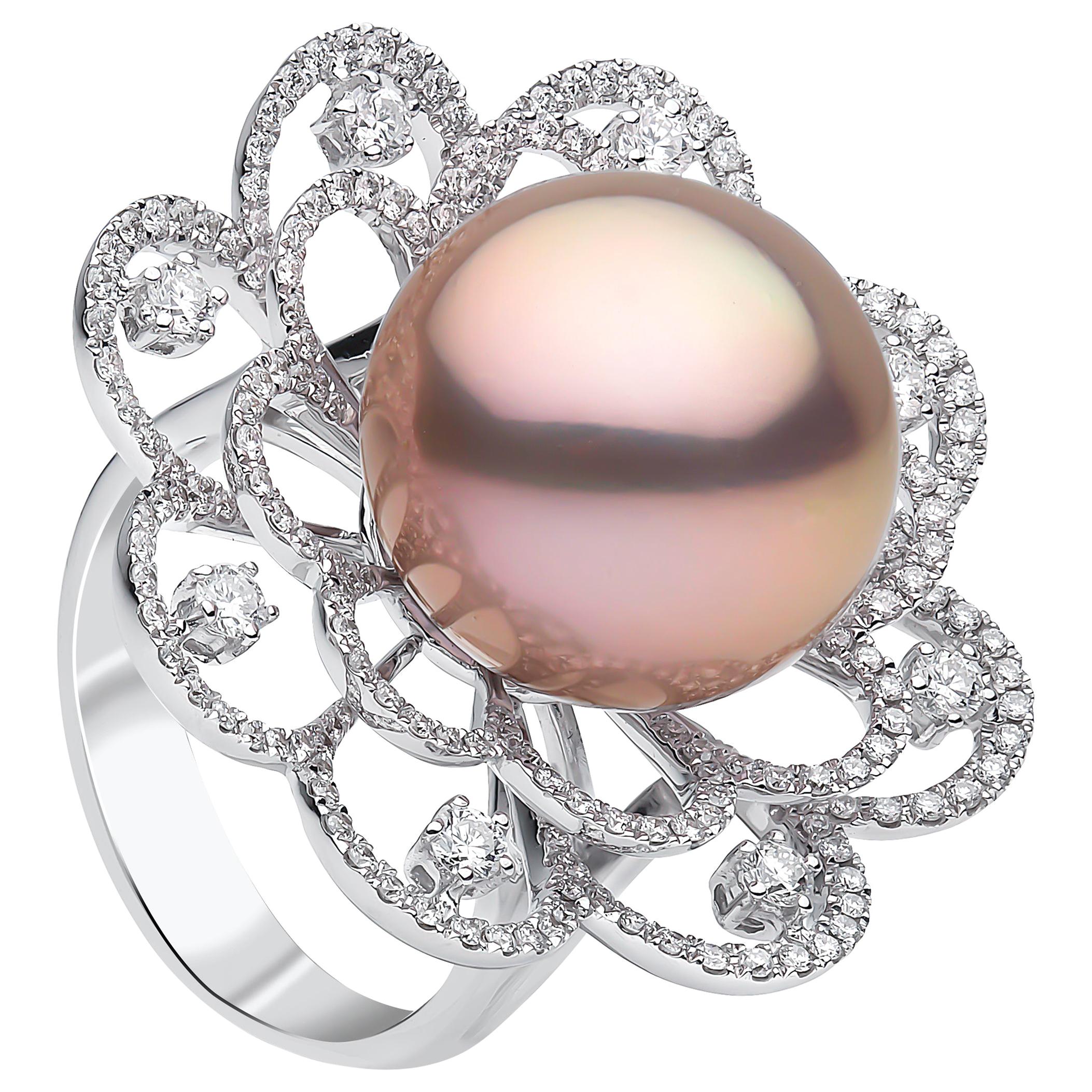 Yoko London Radiant Orchid Pink Pearl and Diamond Ring in 18 Karat White Gold