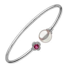 Yoko London Ruby, Pearl and Diamond Bangle Bracelet in 18 Karat White Gold