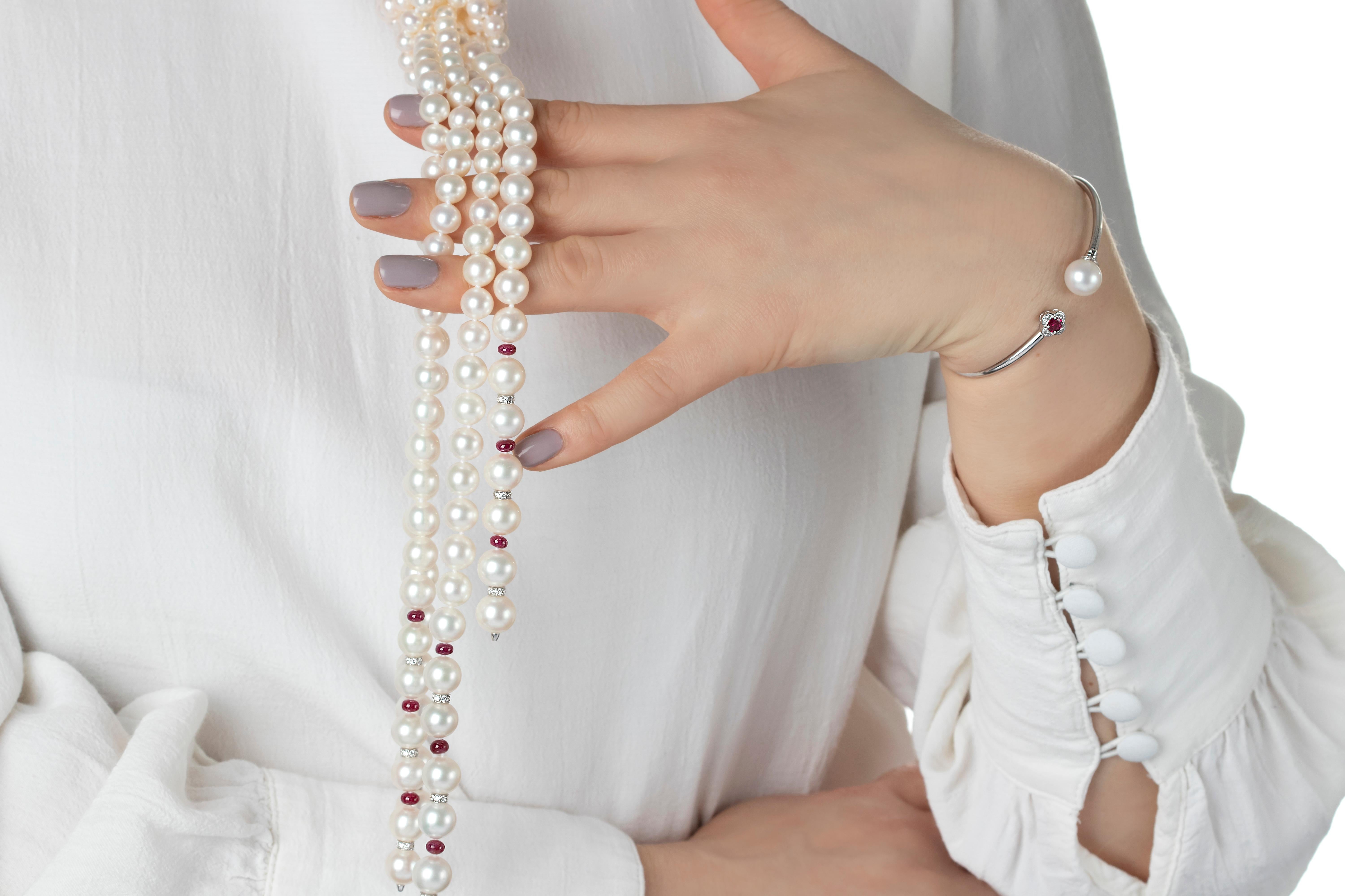Contemporary Yoko London Ruby, Pearl and Diamond Bangle Bracelet in 18 Karat White Gold