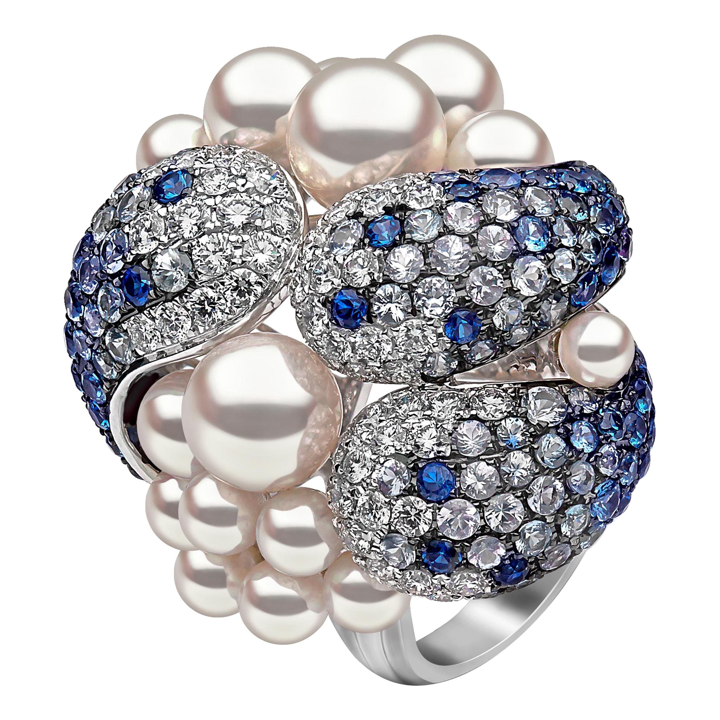 Yoko London Sapphire, Diamond and Japanese Akoya Pearl Ring in 18K White Gold