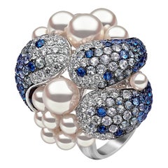 Yoko London Sapphire, Diamond and Japanese Akoya Pearl Ring in 18K White Gold