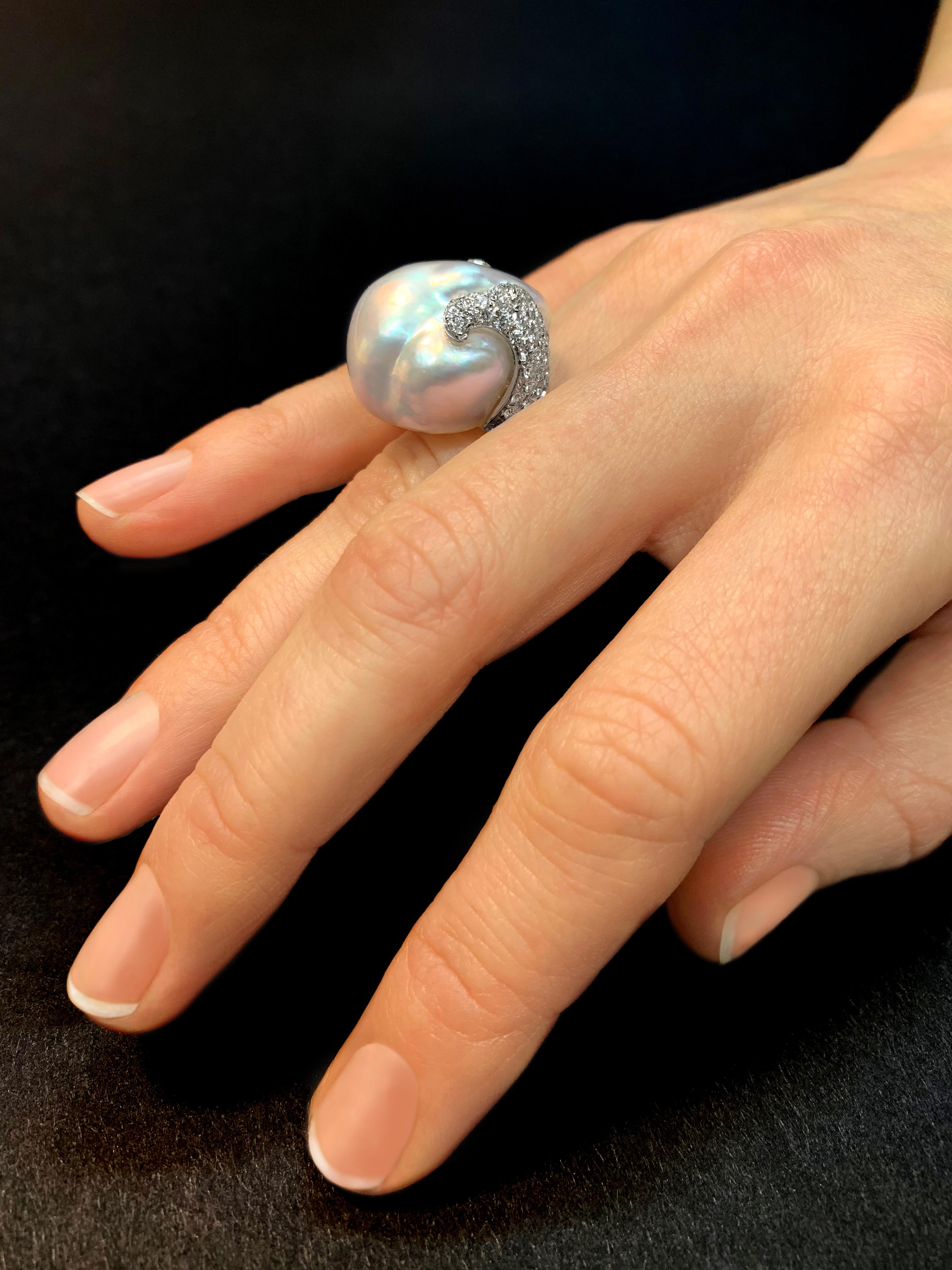 Modern Yoko London South Sea Baroque Pearl and Diamond Ring Set in 18 Karat White Gold
