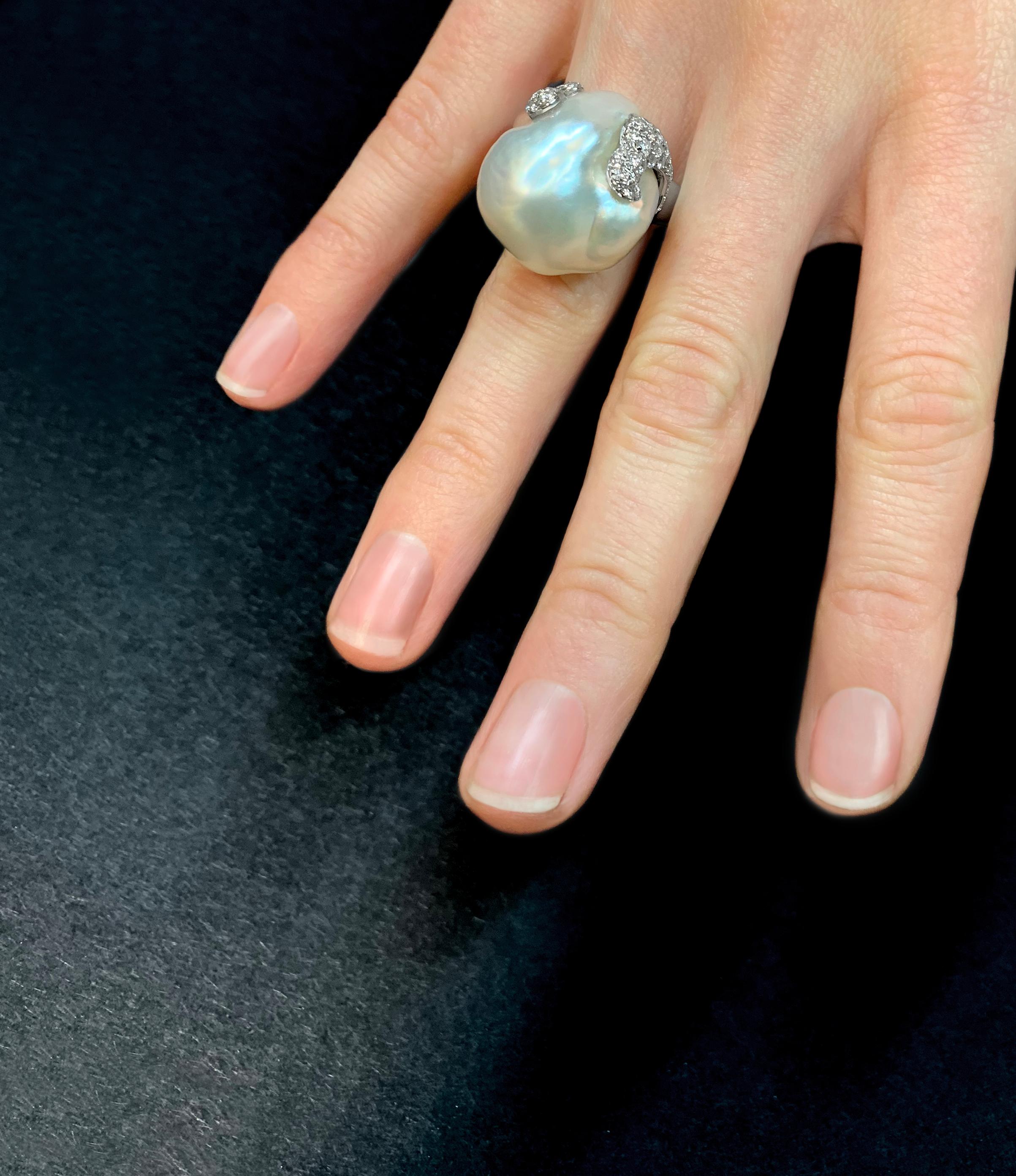 Round Cut Yoko London South Sea Baroque Pearl and Diamond Ring Set in 18 Karat White Gold