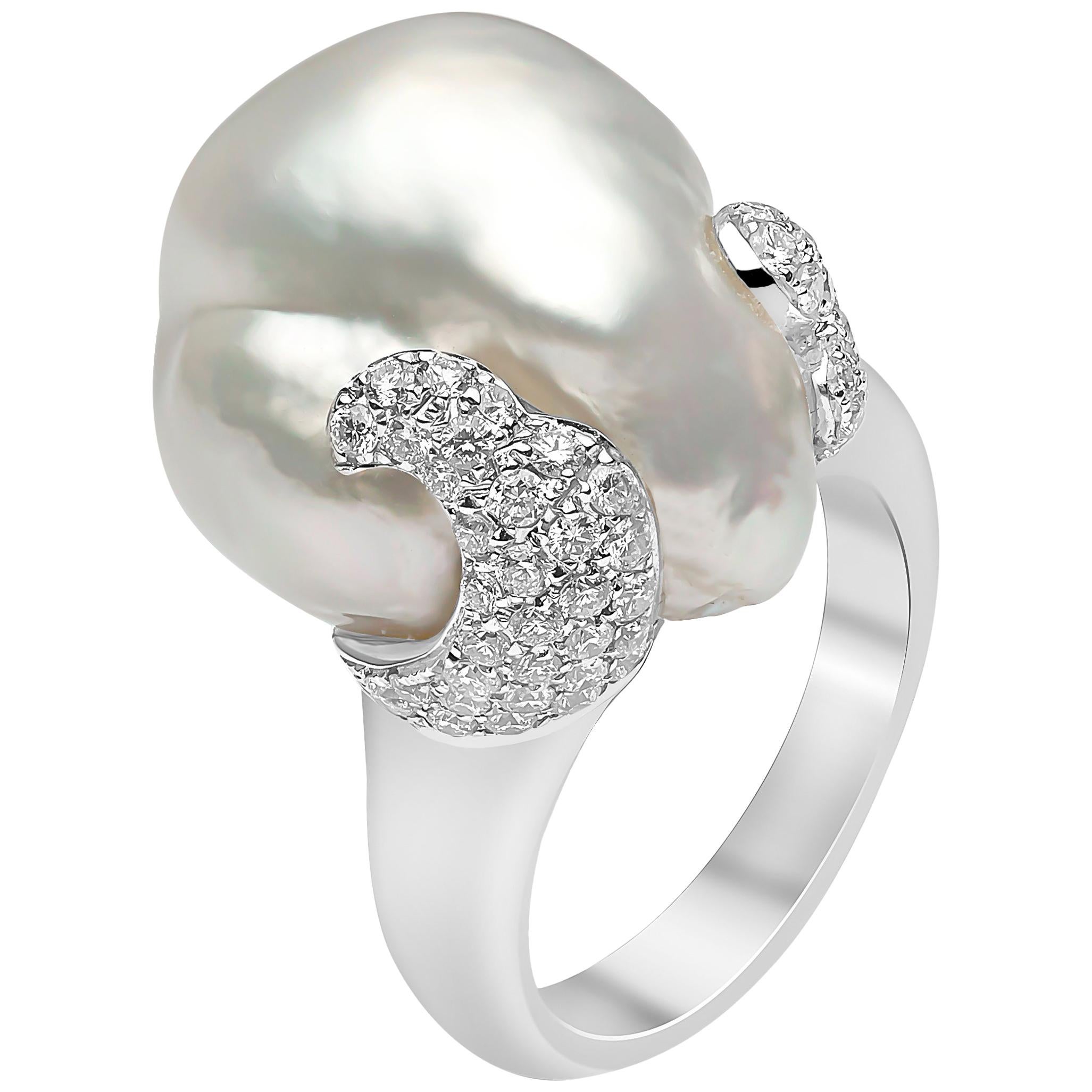 Yoko London South Sea Baroque Pearl and Diamond Ring Set in 18 Karat White Gold