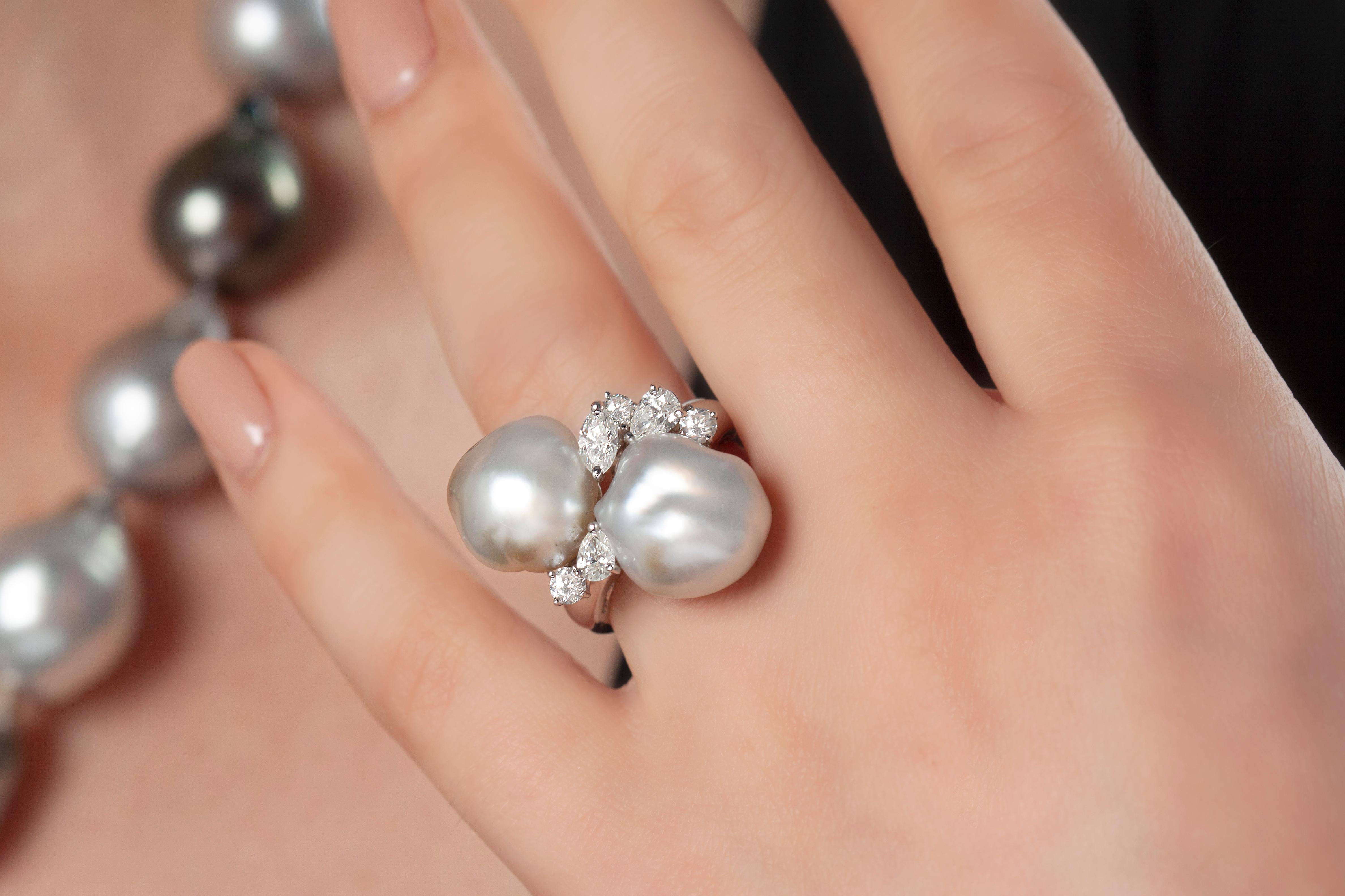 This hypnotic ring by Yoko London features two mesmeric 13-14mm South Sea Keshi pearls, set amongst a delicate scattering of diamonds. Each Keshi pearl is completely unique and this design perfectly highlights the allure and mystique of these