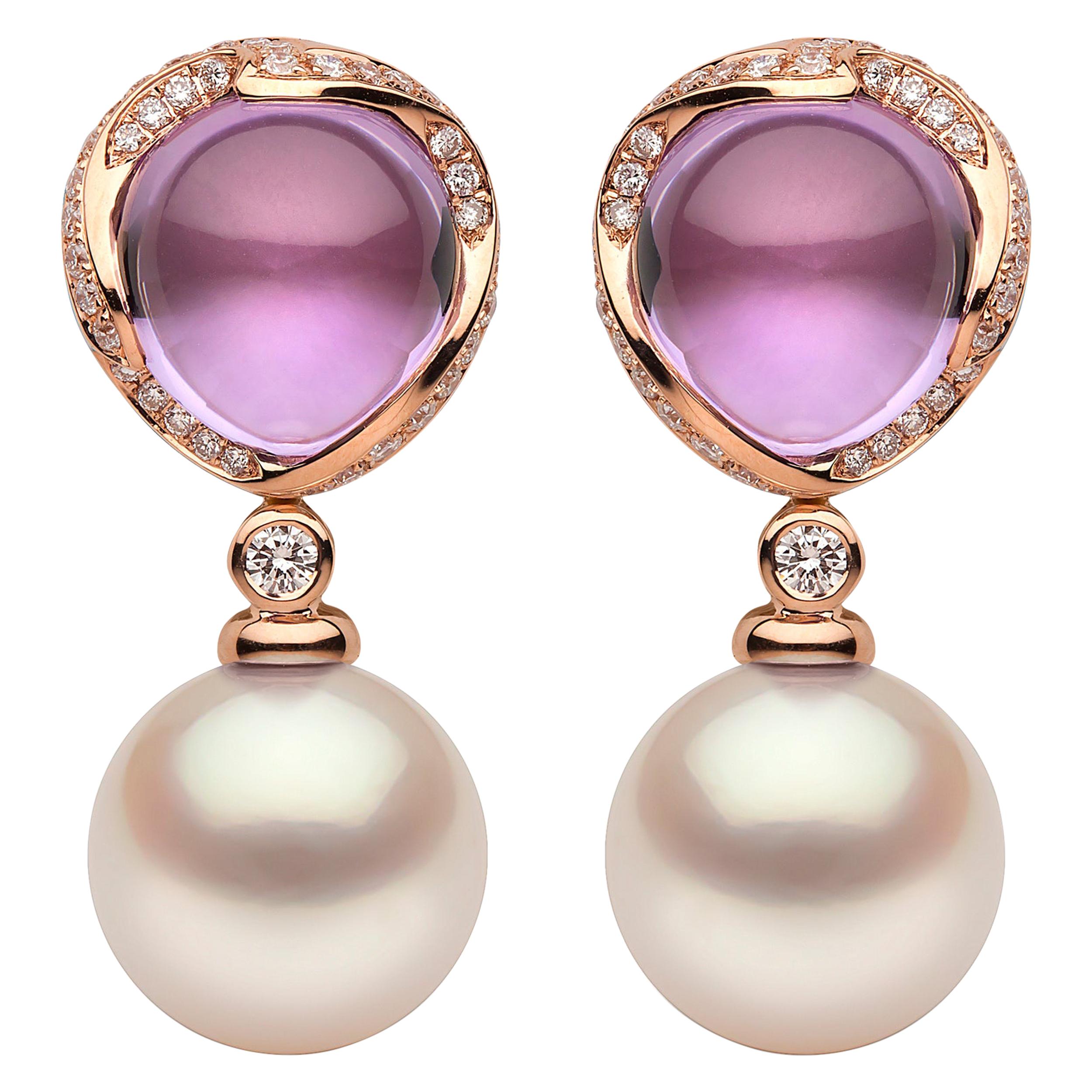 Yoko London South Sea Pearl, Amethyst and Diamond Earrings in 18 Karat Rose Gold