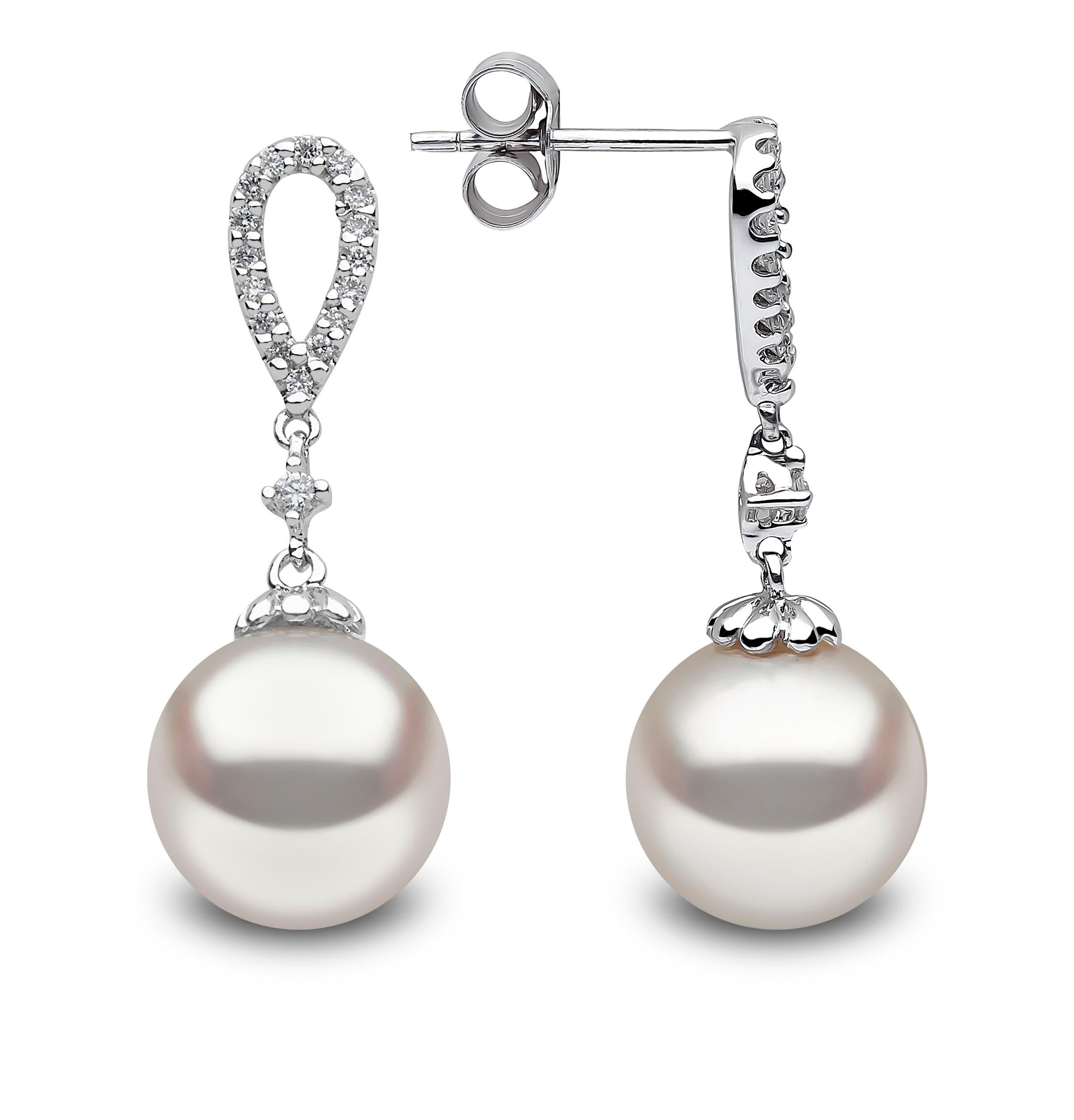 These elegant earrings by Yoko London feature lustrous 10-11mm South Sea pearls beneath a delicate arrangement of diamonds. The pearls featured at the centre of these earrings have been hand selected by experts in our London atelier for their