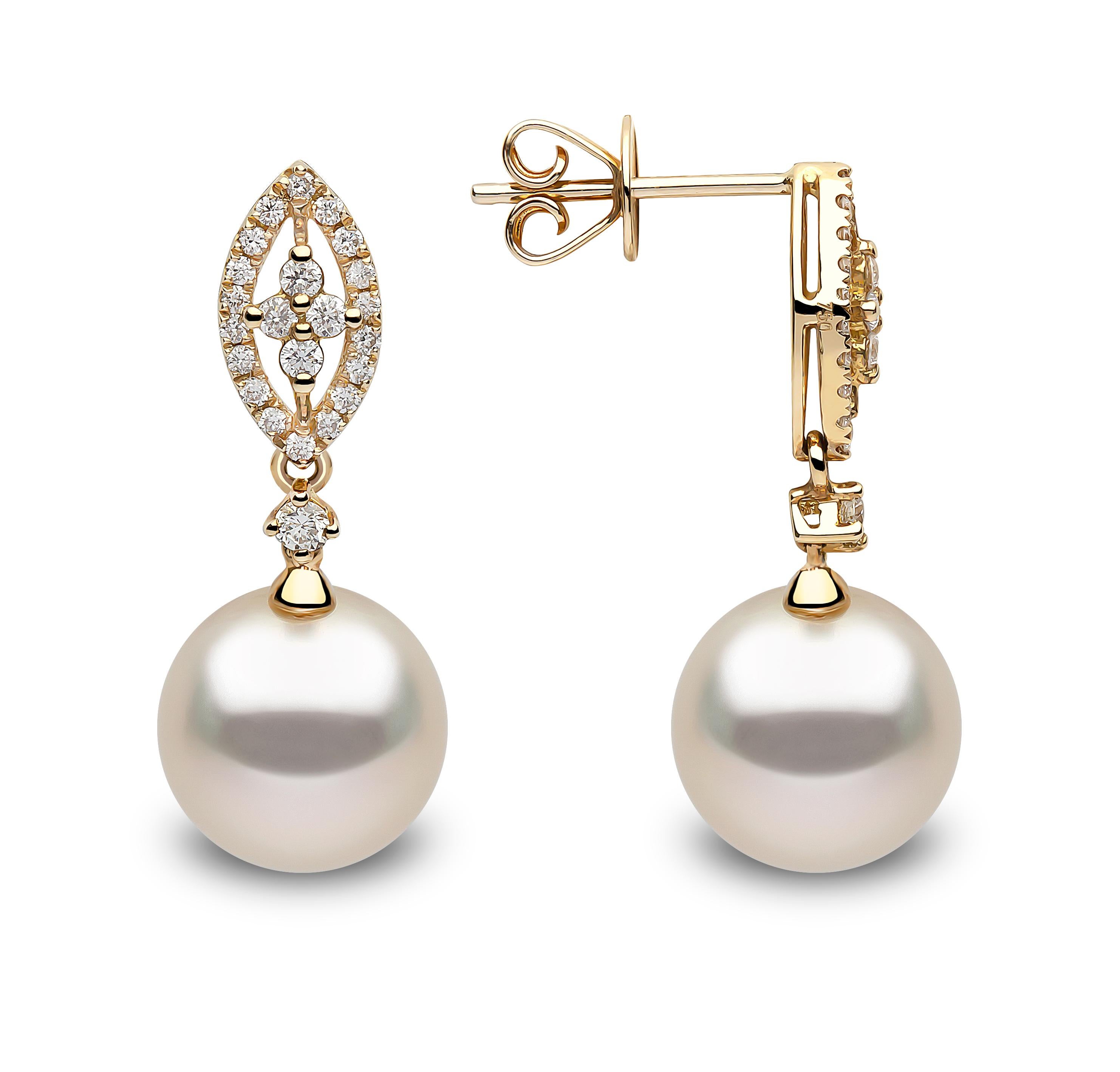These charming earrings by Yoko London feature radiant South Sea pearls at the centre of their design. Masterfully crafted in 18 Karat yellow gold with an intricate arrangement of diamonds, these timeless earrings have been expertly designed in our