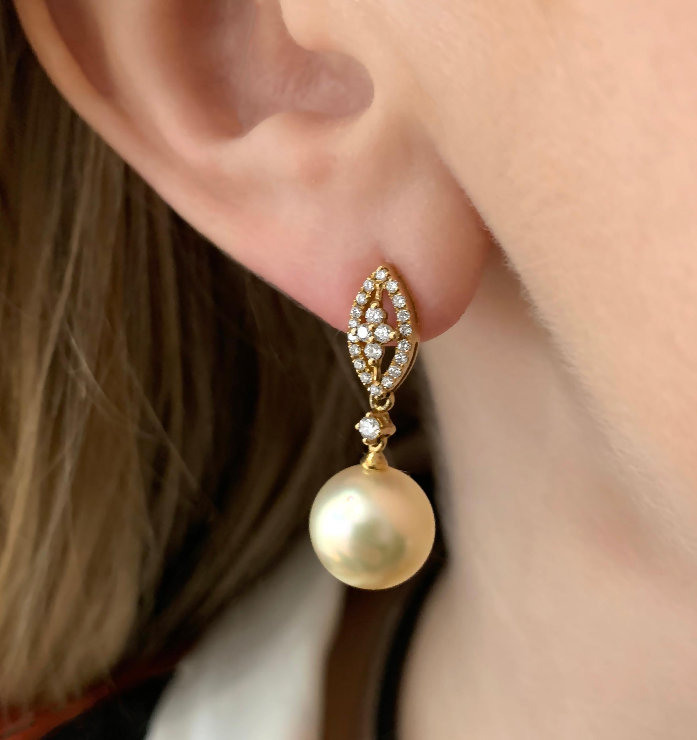 Round Cut Yoko London South Sea Pearl and Diamond Earrings, in 18 Karat Yellow Gold
