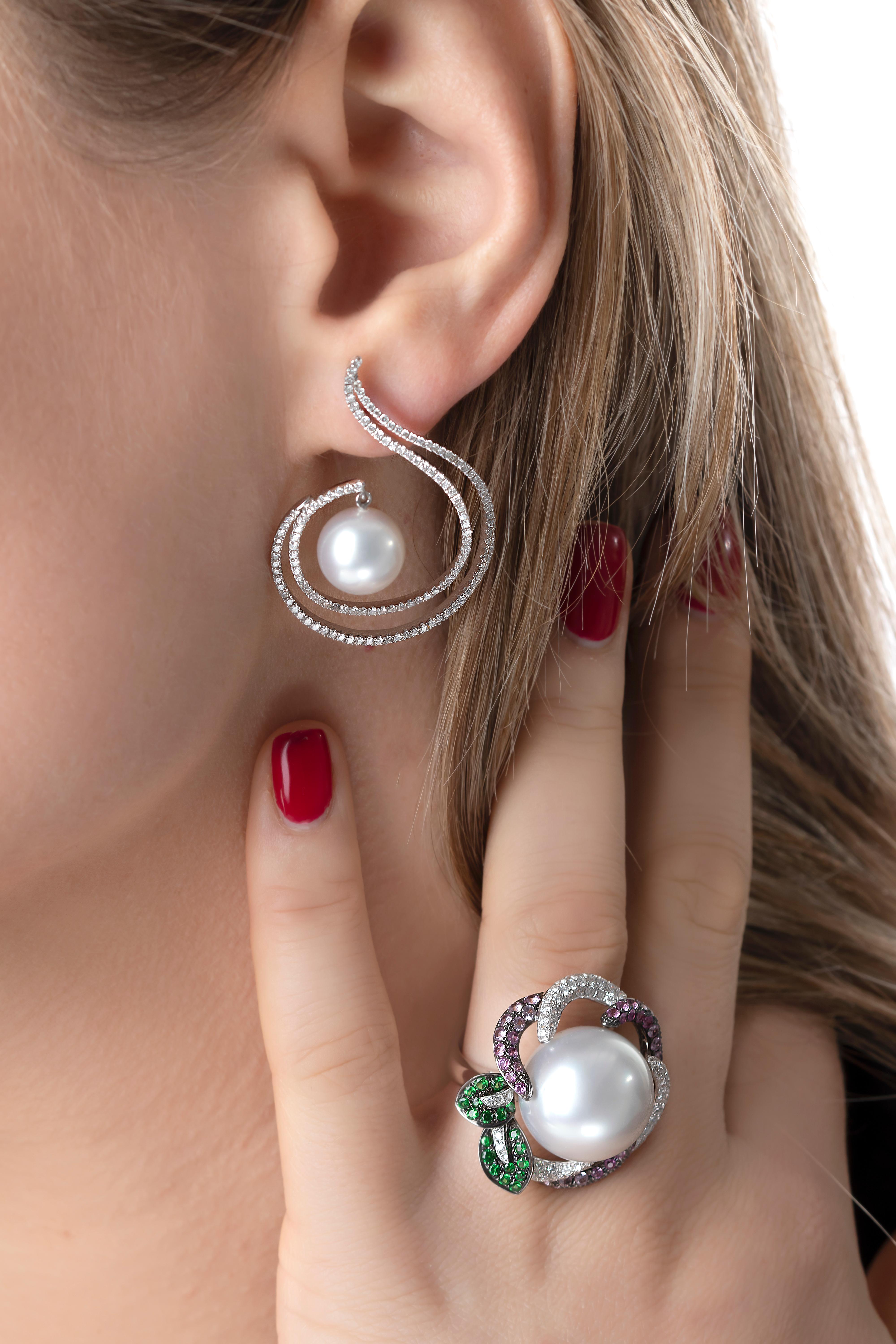 Contemporary Yoko London South Sea Pearl and Diamond Earrings Set in 18 Karat White Gold For Sale