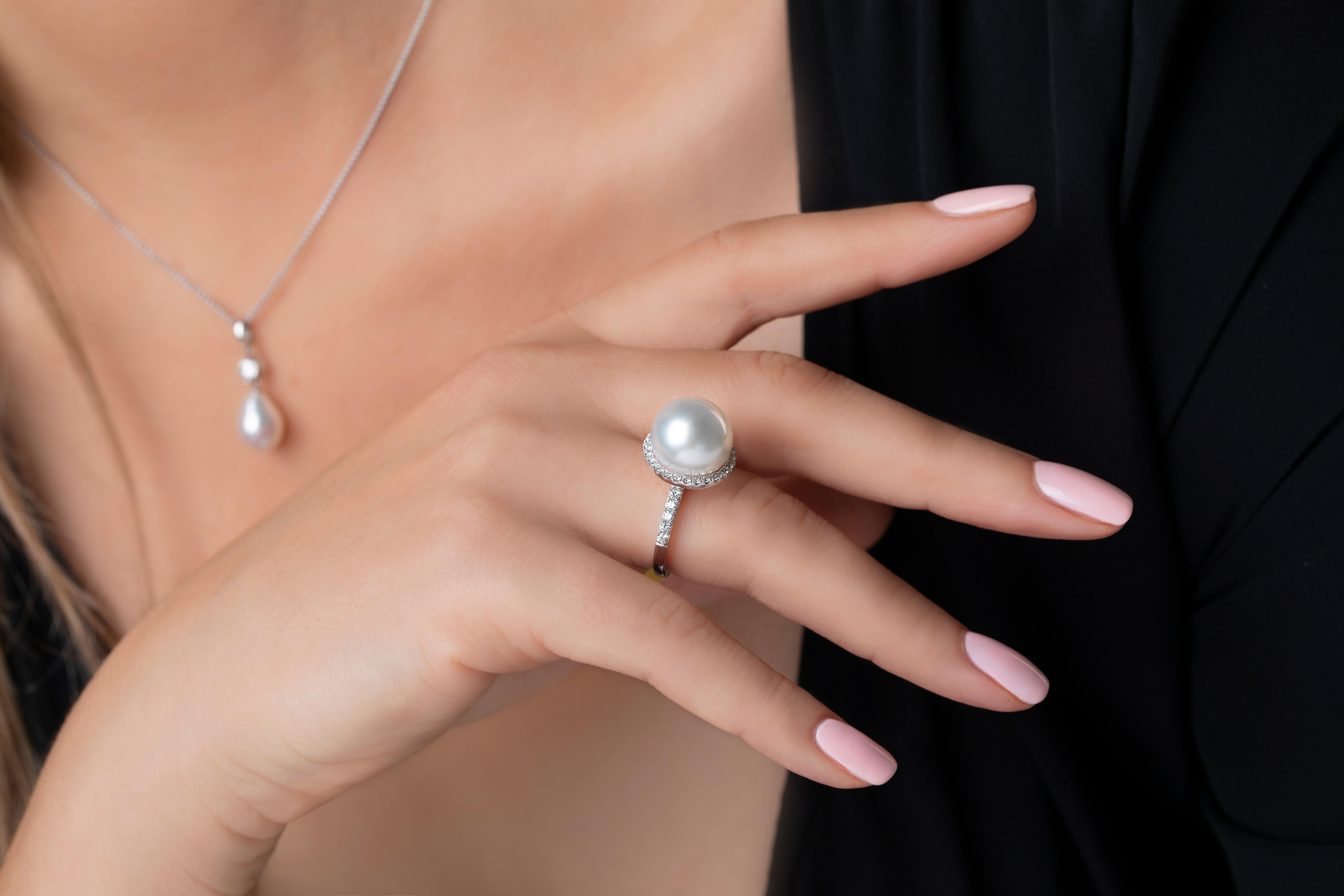 Round Cut Yoko London South Sea Pearl and Diamond Halo Ring in 18 Karat White Gold