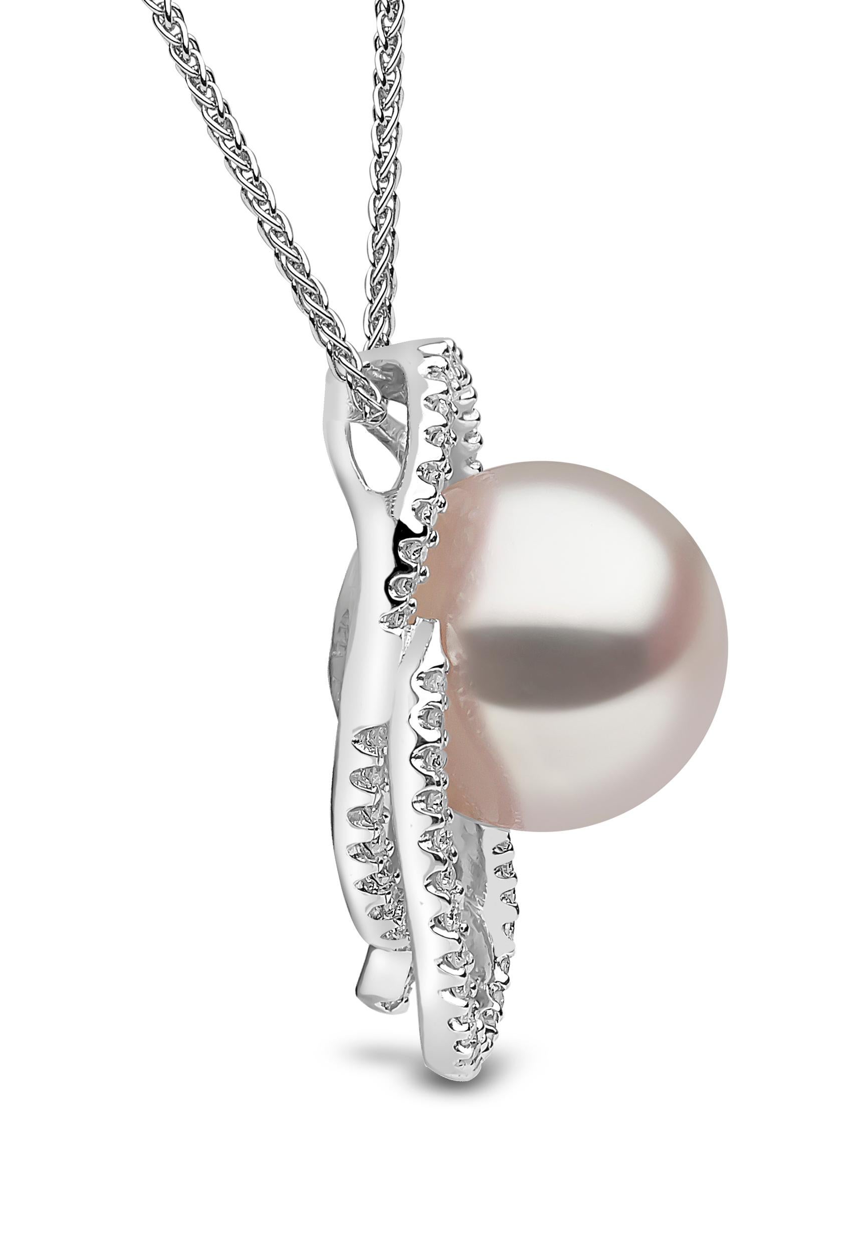 This unique pendant design from Yoko London features a lustrous Australian South Sea pearl set amongst a contemporary design of diamonds. Set in 18 Karat white gold to enrich the sparkle of the diamonds and the lustre of the pearl, this elegant