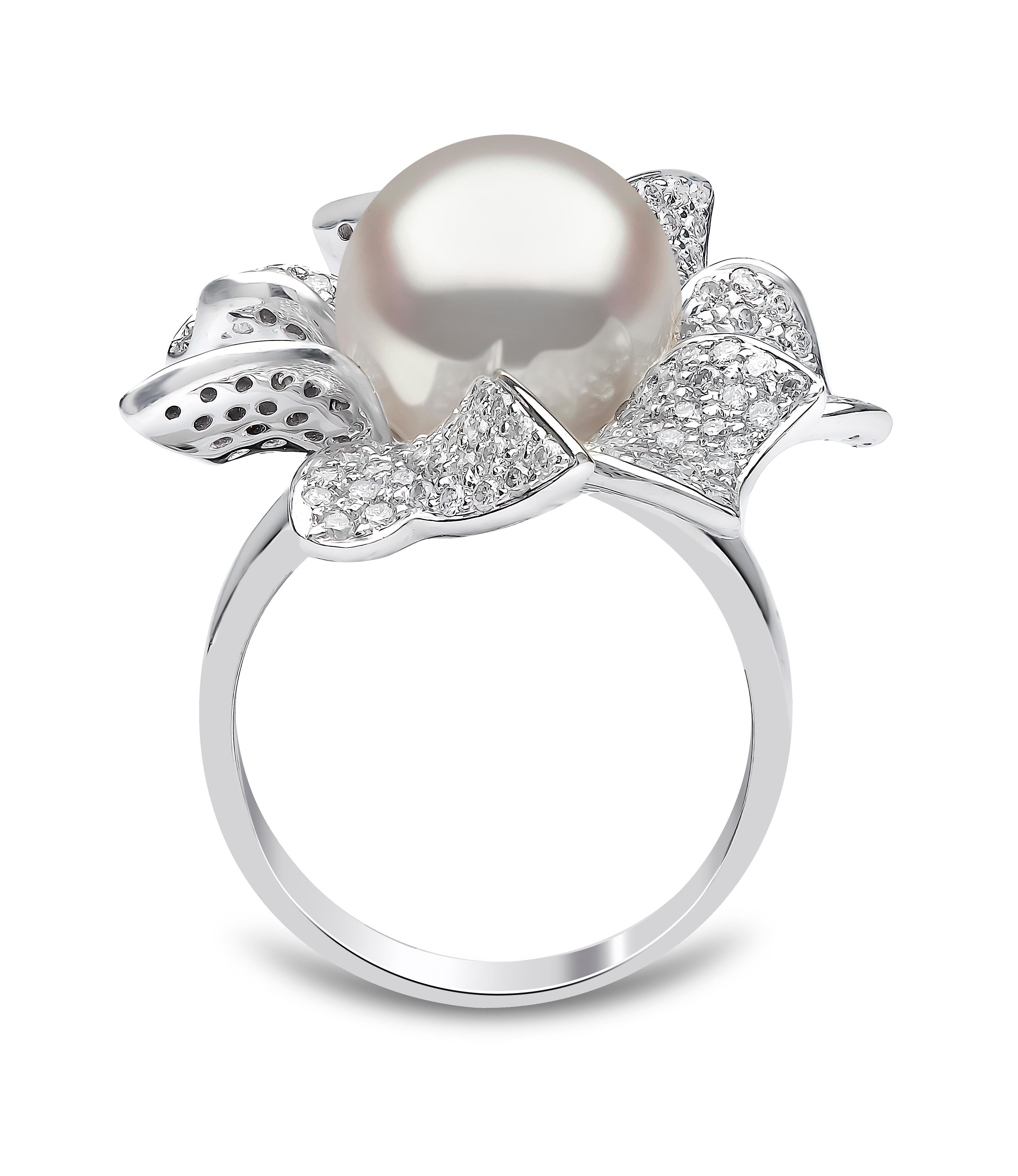 Round Cut Yoko London South Sea Pearl and Diamond Ring in 18 Karat White Gold For Sale
