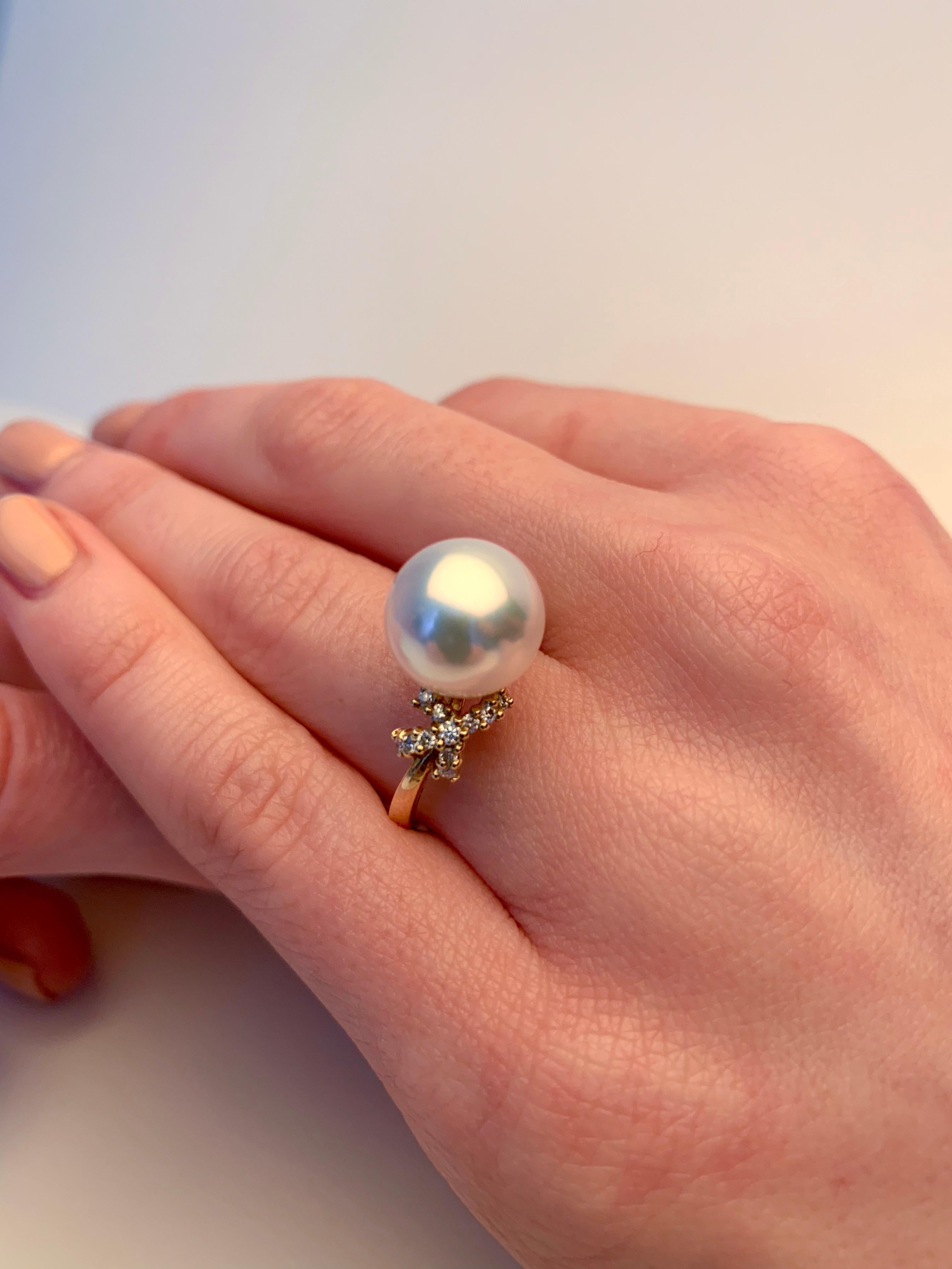 Modern Yoko London South Sea Pearl and Diamond Ring in 18 Karat Yellow Gold