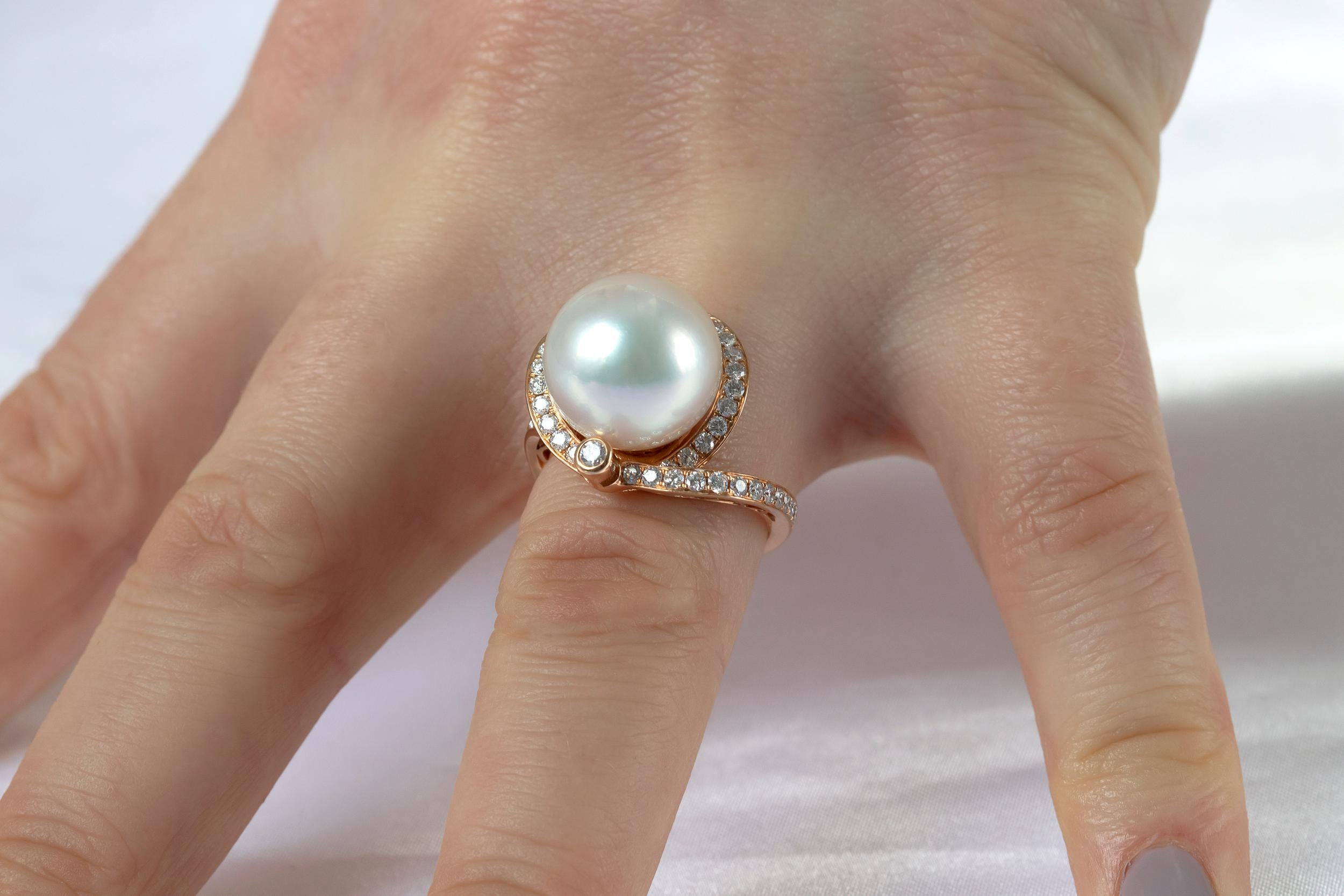 A showstopping cocktail ring by Yoko London that is sure to make a big impression. Featuring a lustrous 13.2mm South Sea Pearl at its centre and adorned with diamonds, this gorgeous ring will look amazing with any outfit it is combined with. Each