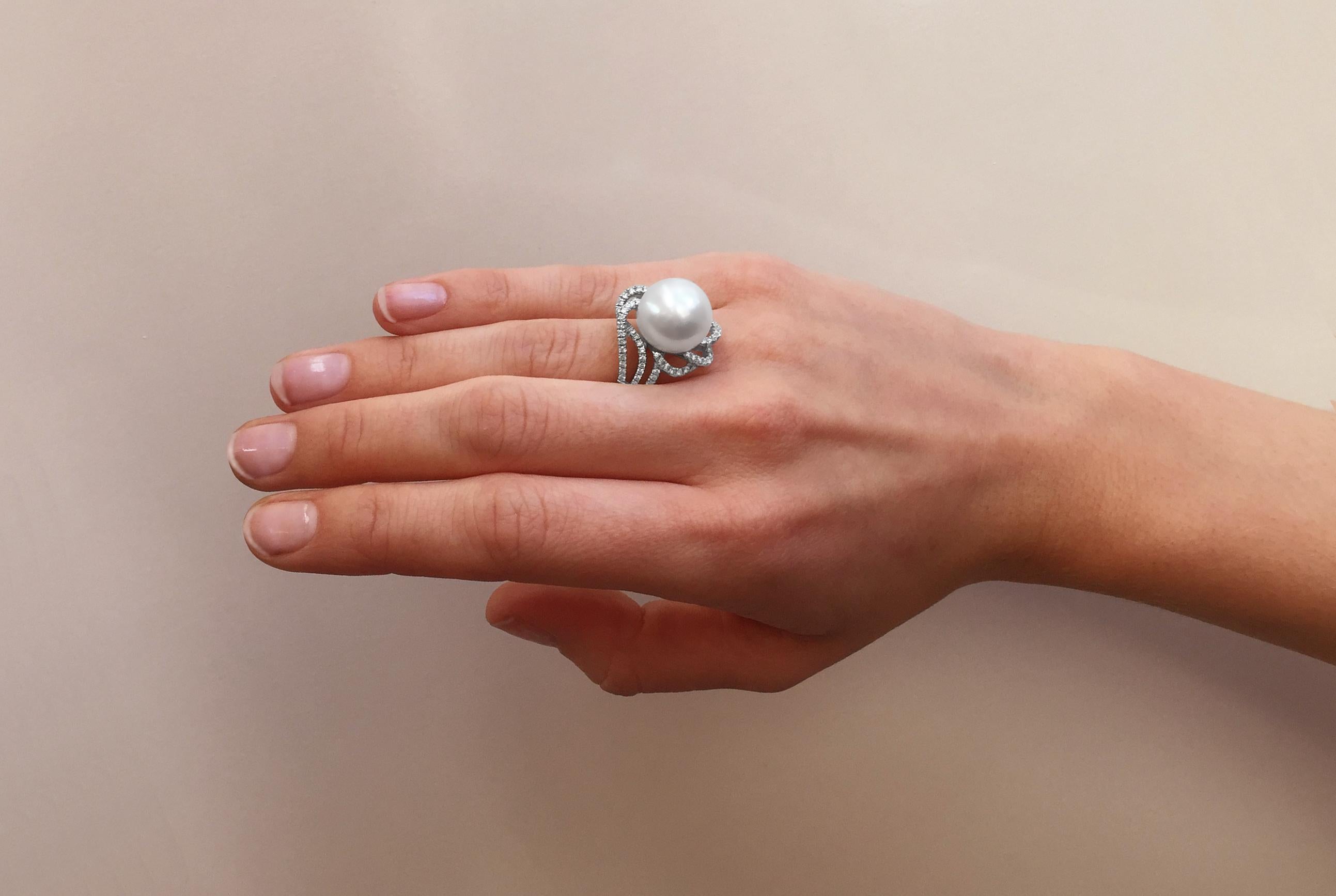 Modern Yoko London South Sea Pearl and Diamond Ring in 18 Karat White Gold