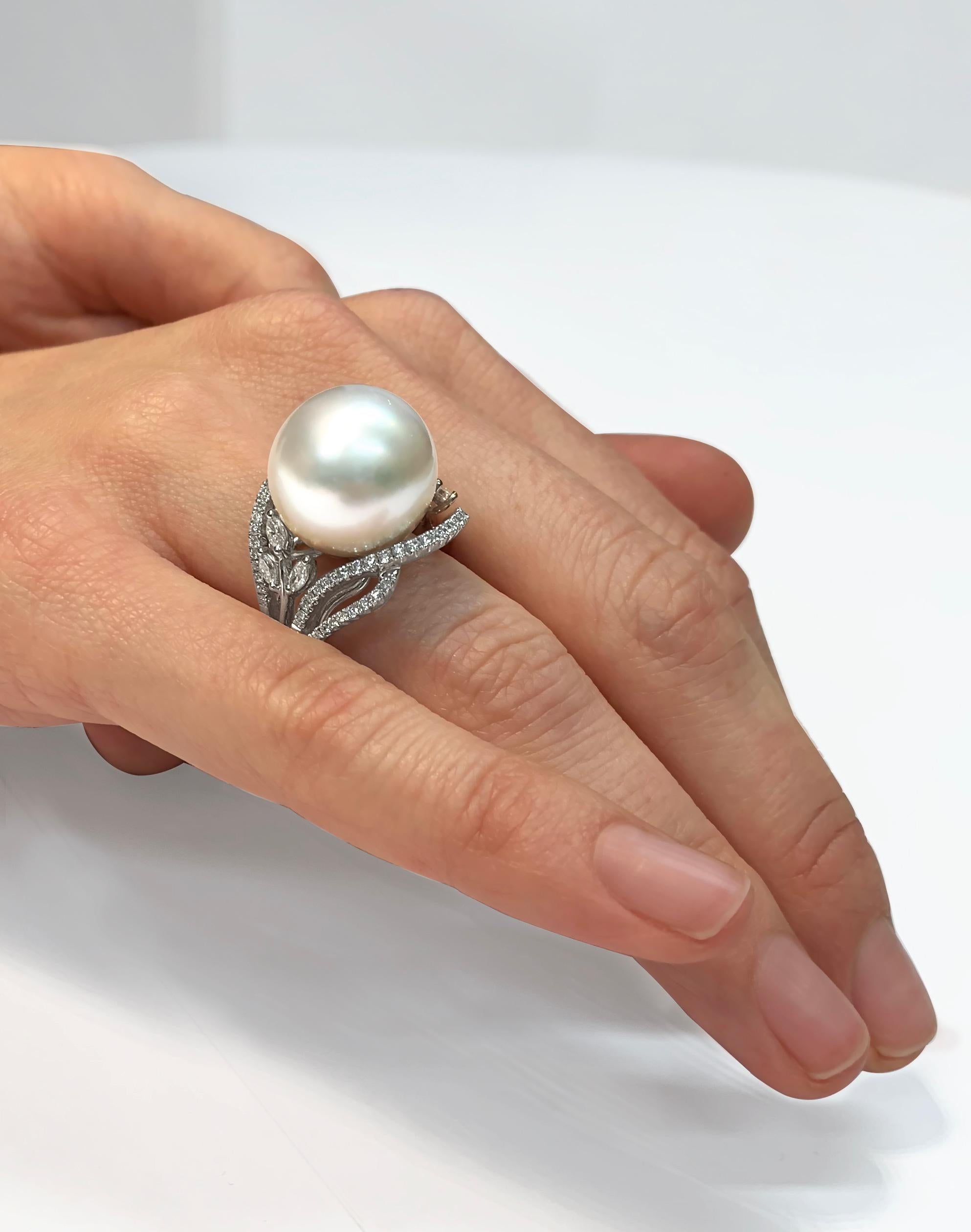 Contemporary Yoko London South Sea Pearl and Diamond Ring in 18 Karat White Gold For Sale
