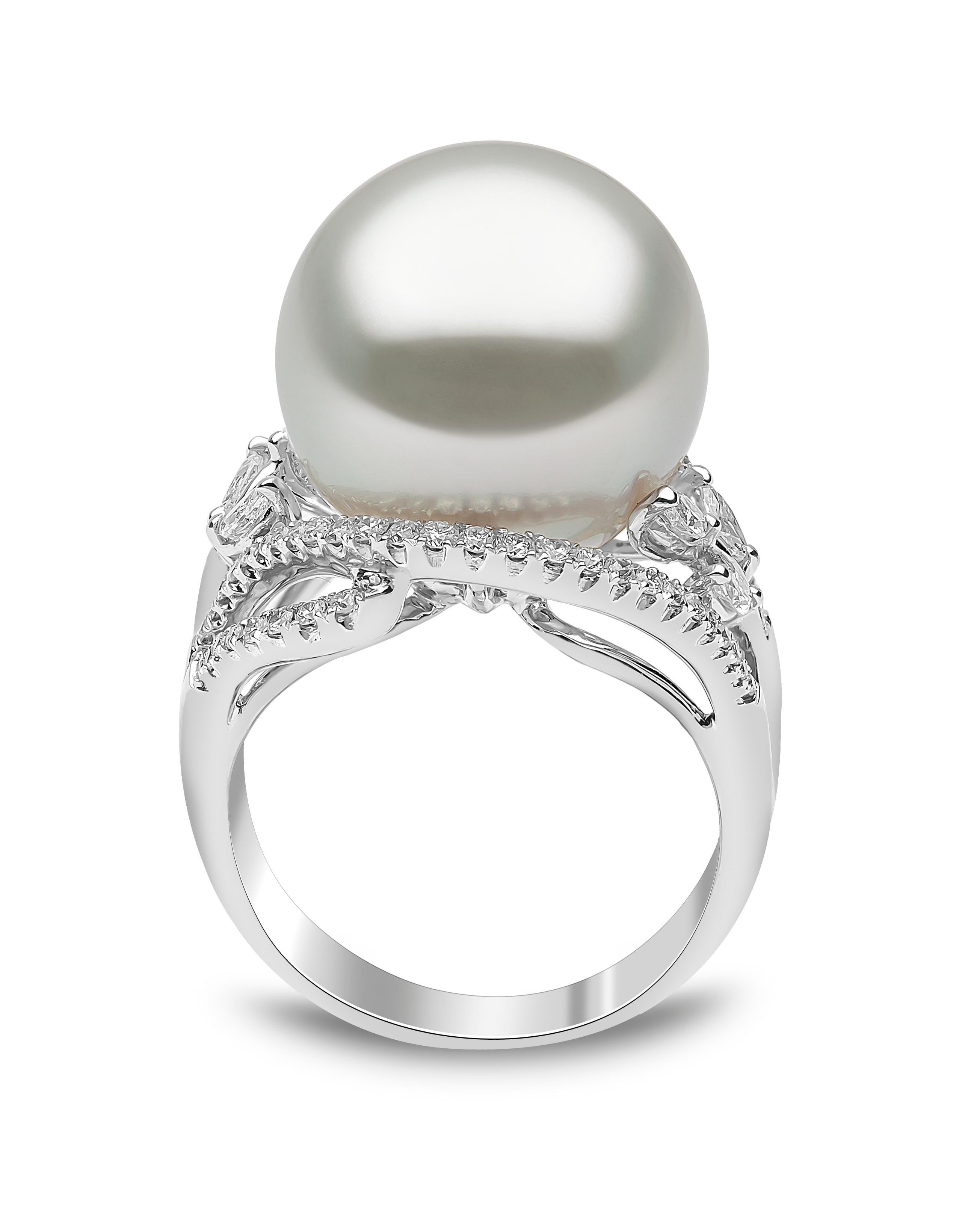 This ornate ring by Yoko London features a lustrous South Sea pearl set amongst a floral arrangement of round brilliant and marquise cut diamonds. The 18 Karat white gold setting perfectly enhances the radiance of the pearl and the sparkle of the