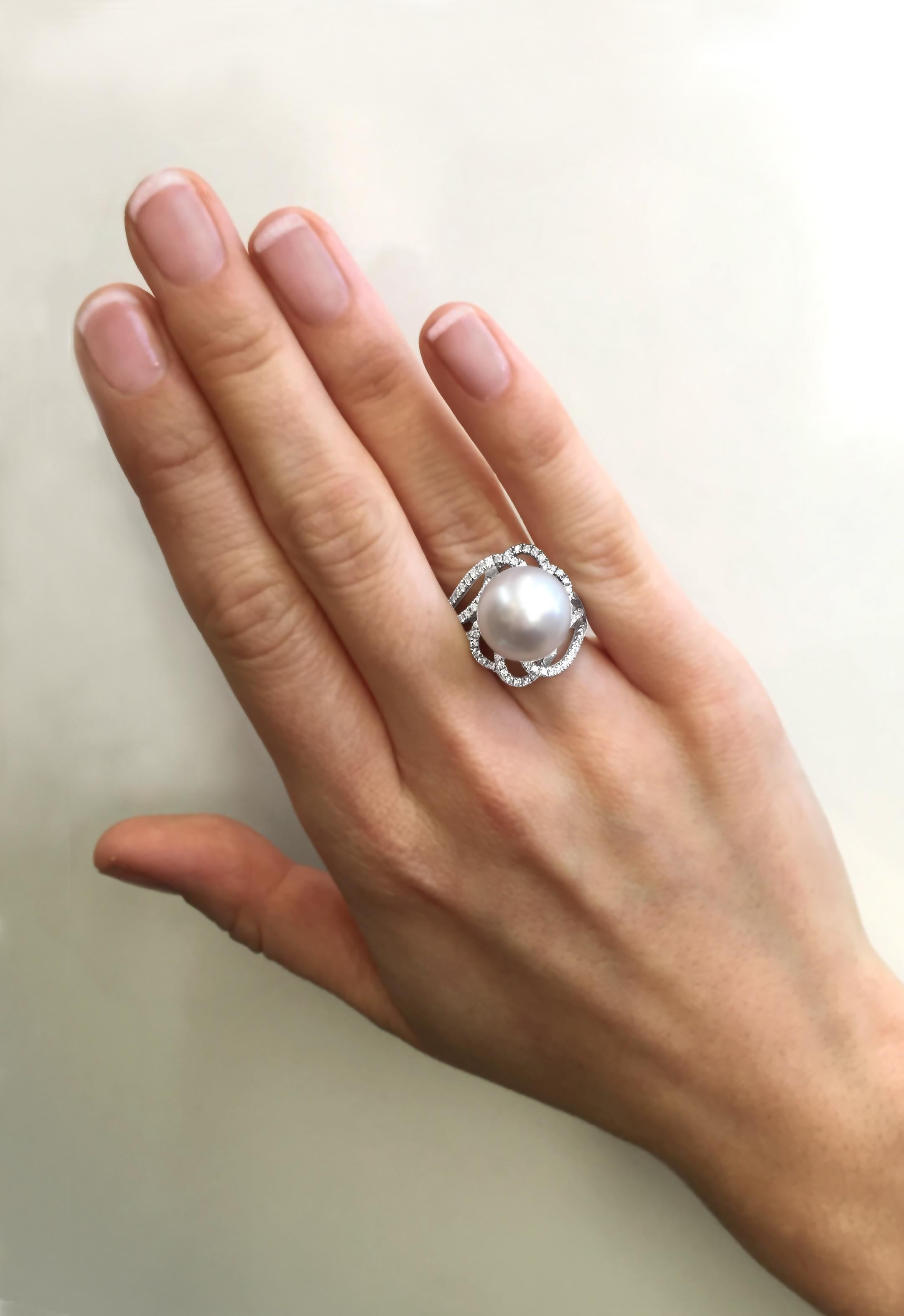 Round Cut Yoko London South Sea Pearl and Diamond Ring in 18 Karat White Gold