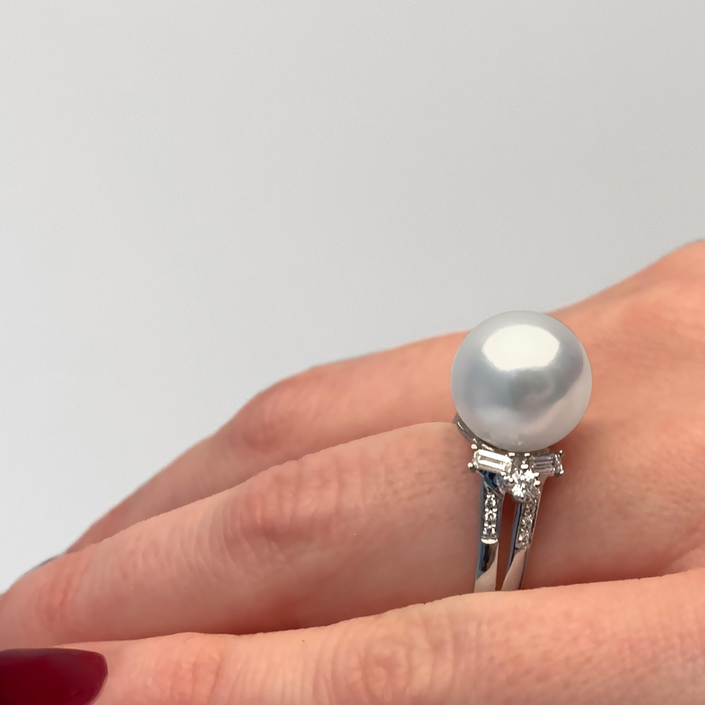 Baguette Cut Yoko London South Sea Pearl and Diamond Ring Set in 18 Karat White Gold