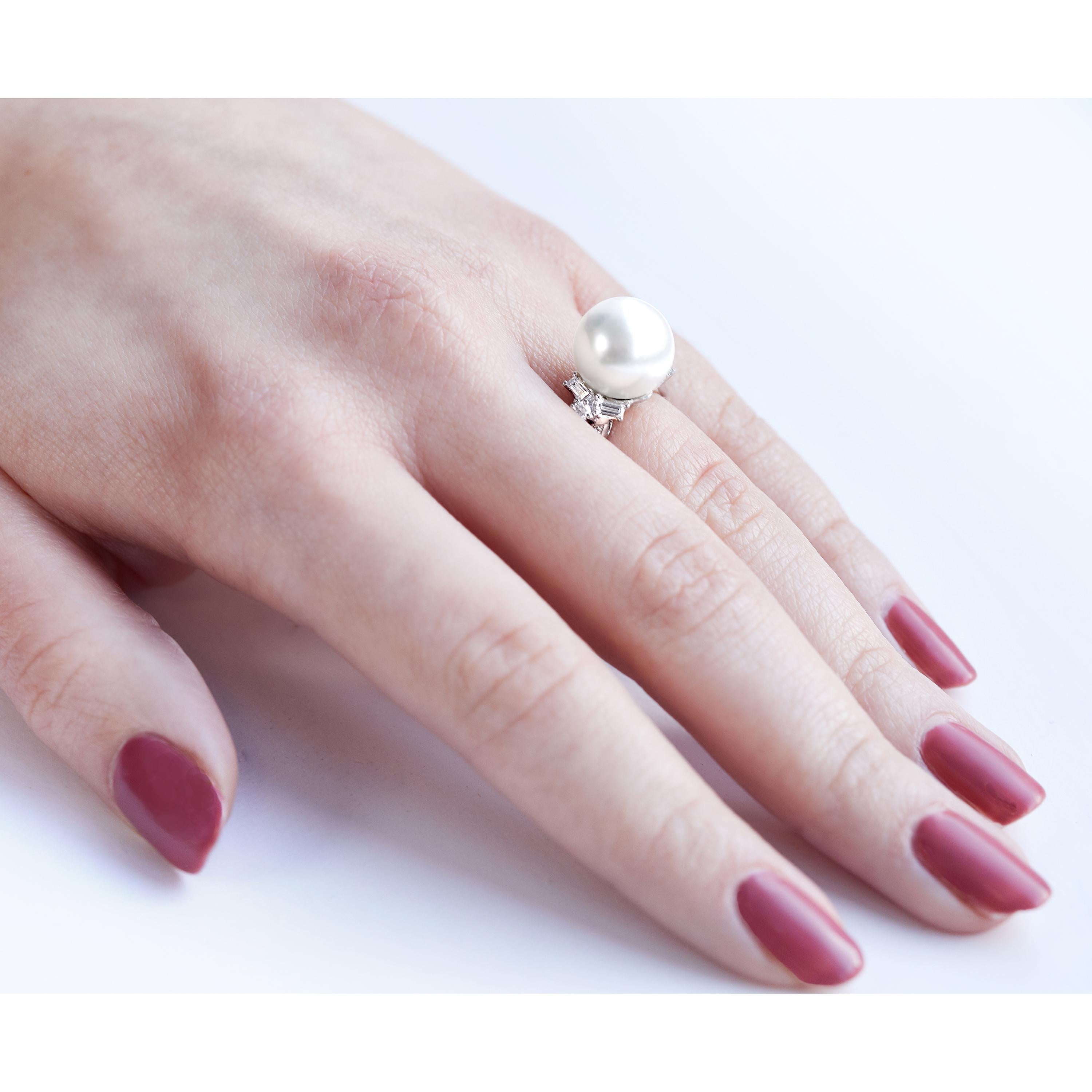 Women's or Men's Yoko London South Sea Pearl and Diamond Ring Set in 18 Karat White Gold