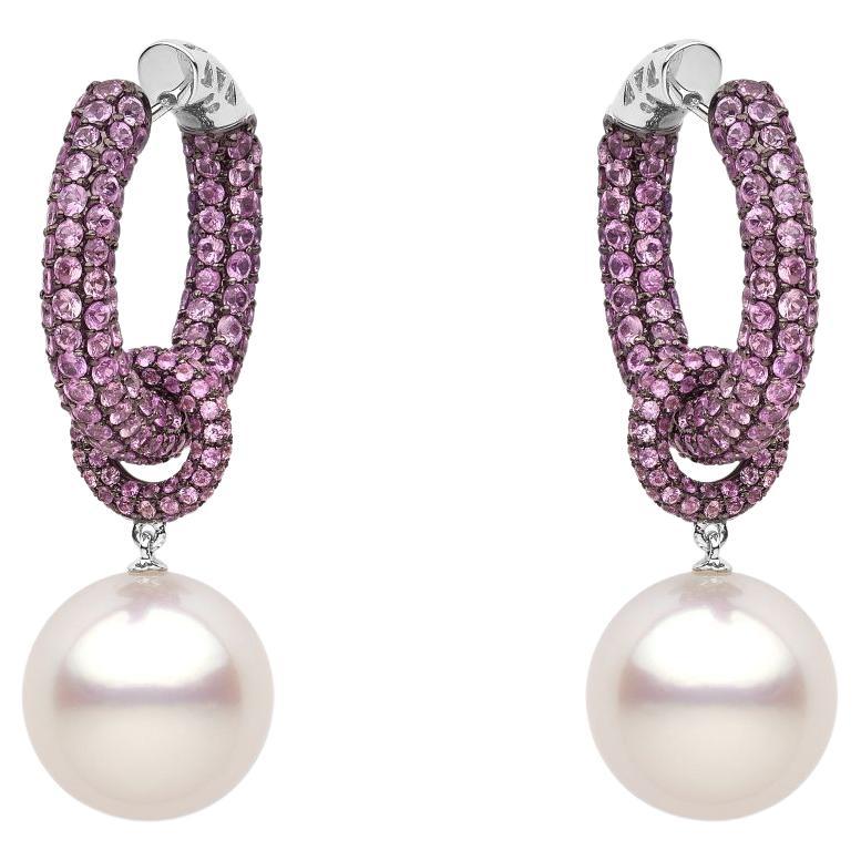 Yoko London South Sea Pearl and Pink Sapphire Earrings in 18 Karat White Gold For Sale