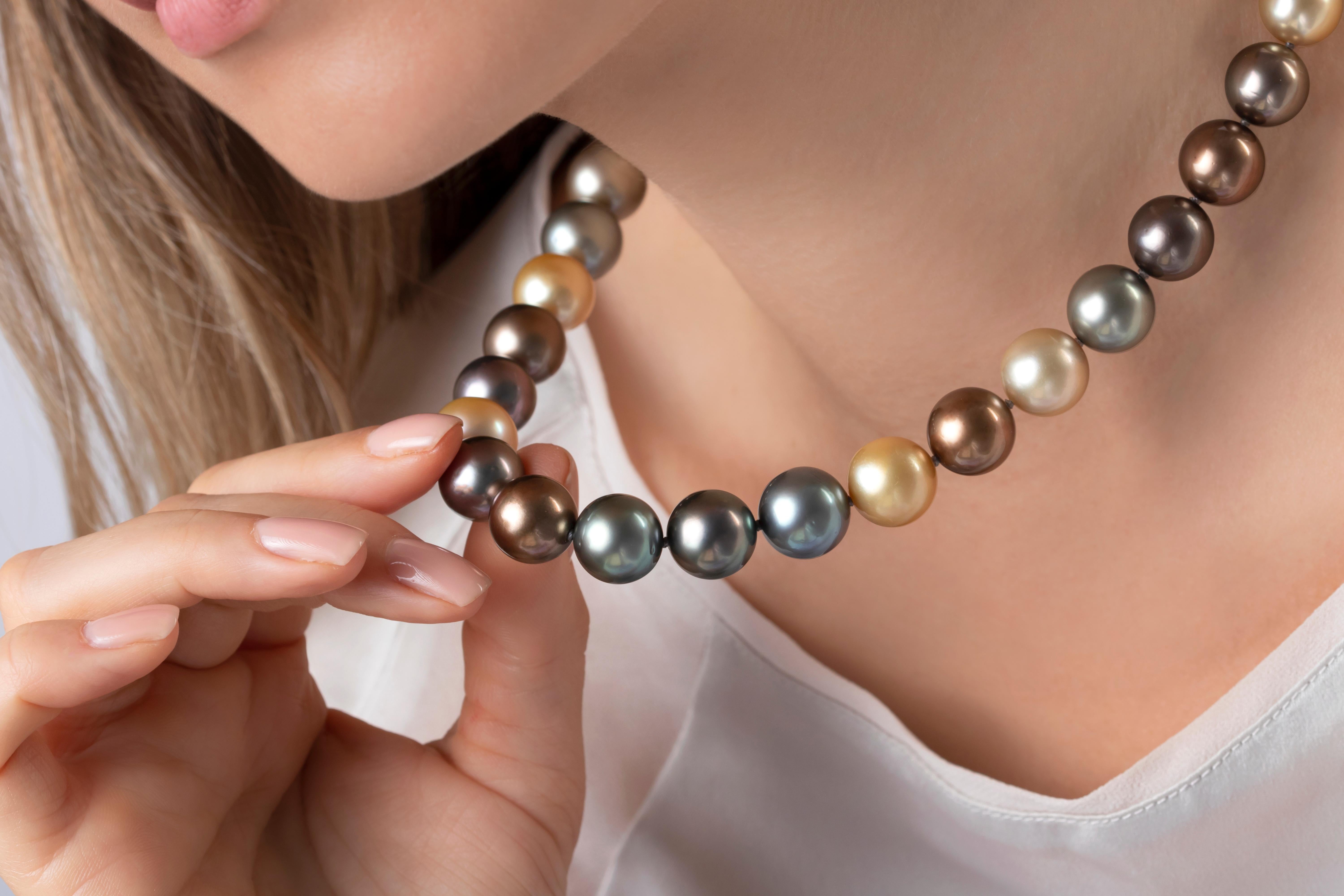This unique necklace by Yoko London offers a twist on the classic pearl strand, using a beguiling combination of different coloured South Sea and Tahitian pearls. Perfect for autumn, this one of a kind strand utilises striking pearls with earthly