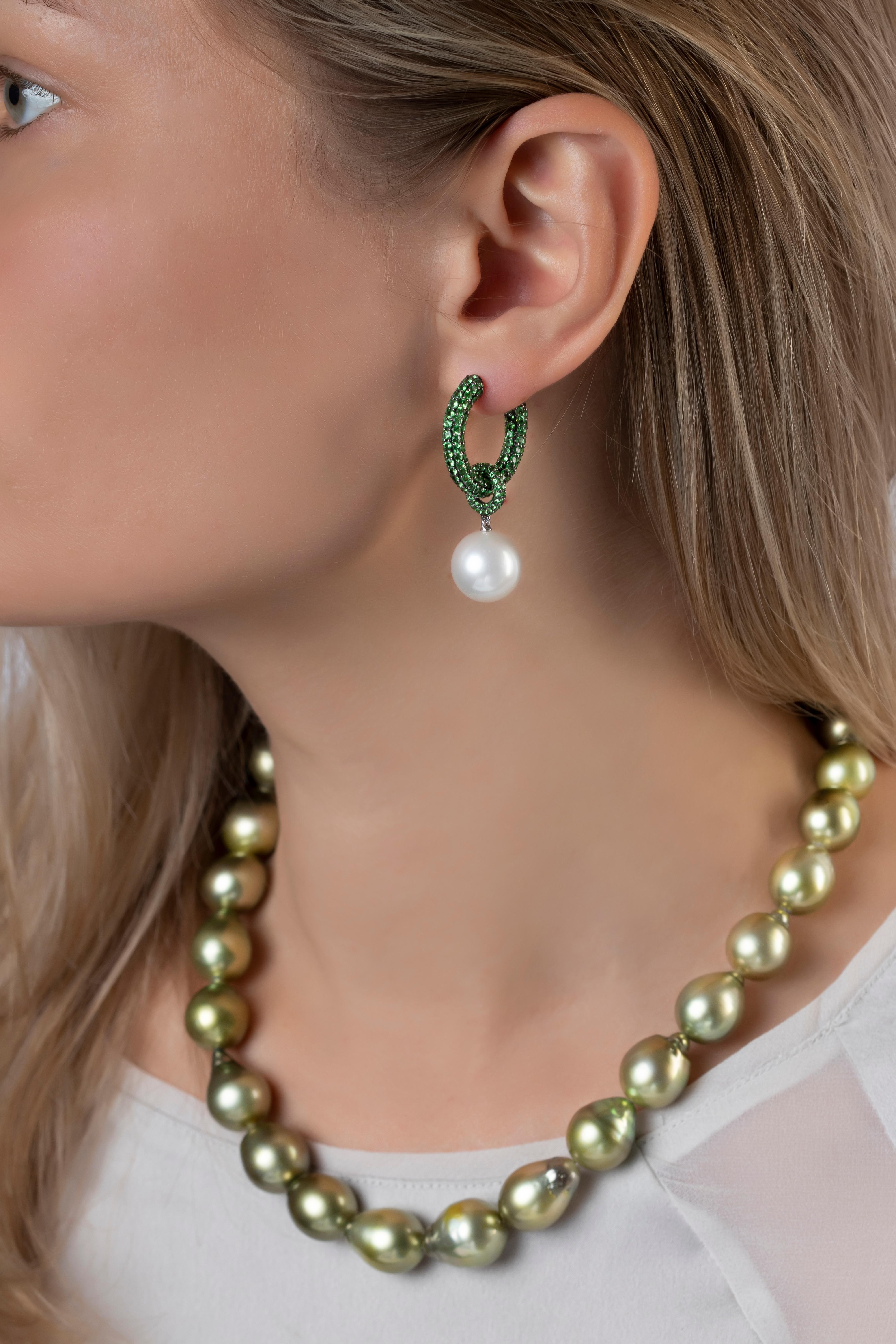 Round Cut Yoko London South Sea Pearl and Tsavorite Garnet Earrings Set in 18 Karat Gold