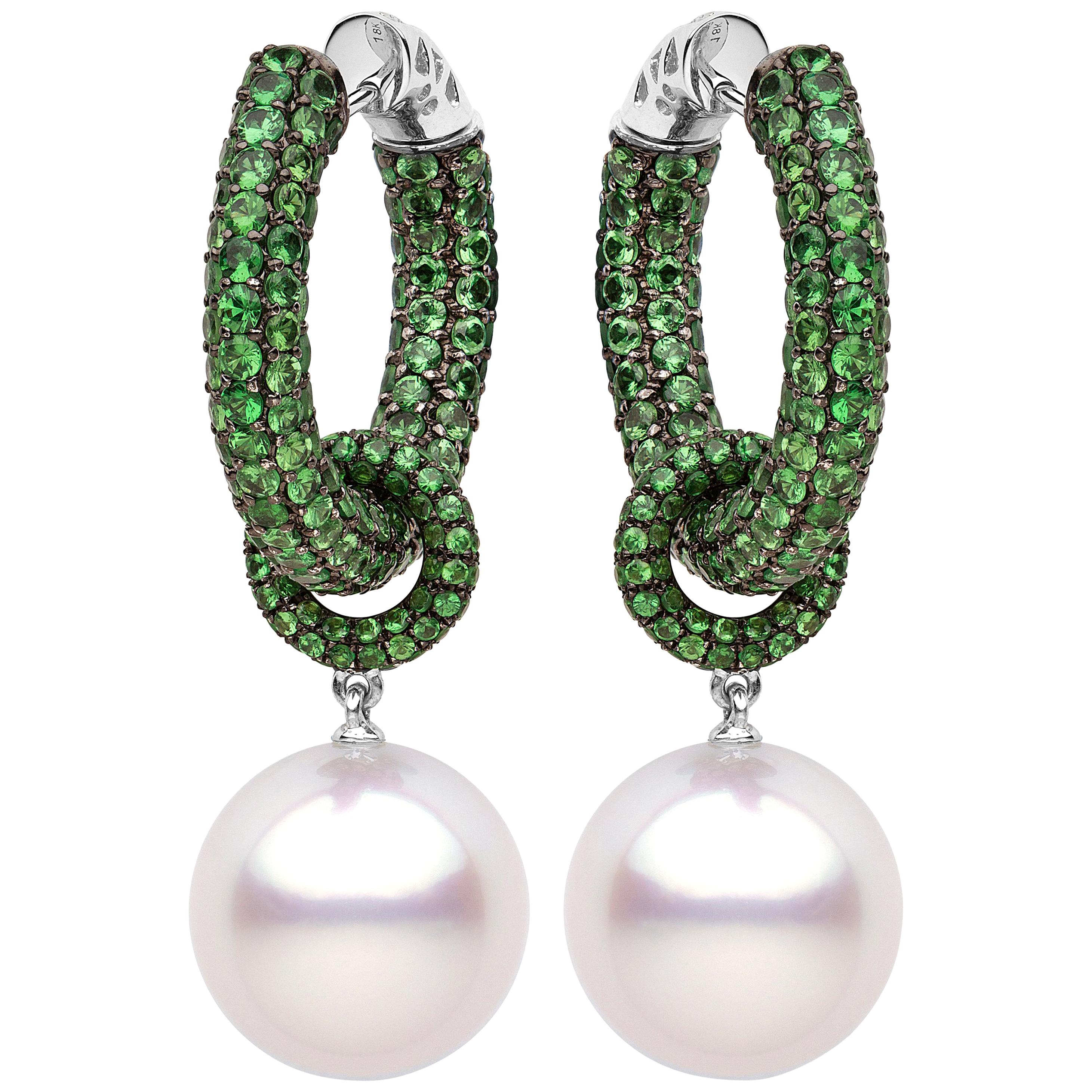 Yoko London South Sea Pearl and Tsavorite Garnet Earrings Set in 18 Karat Gold