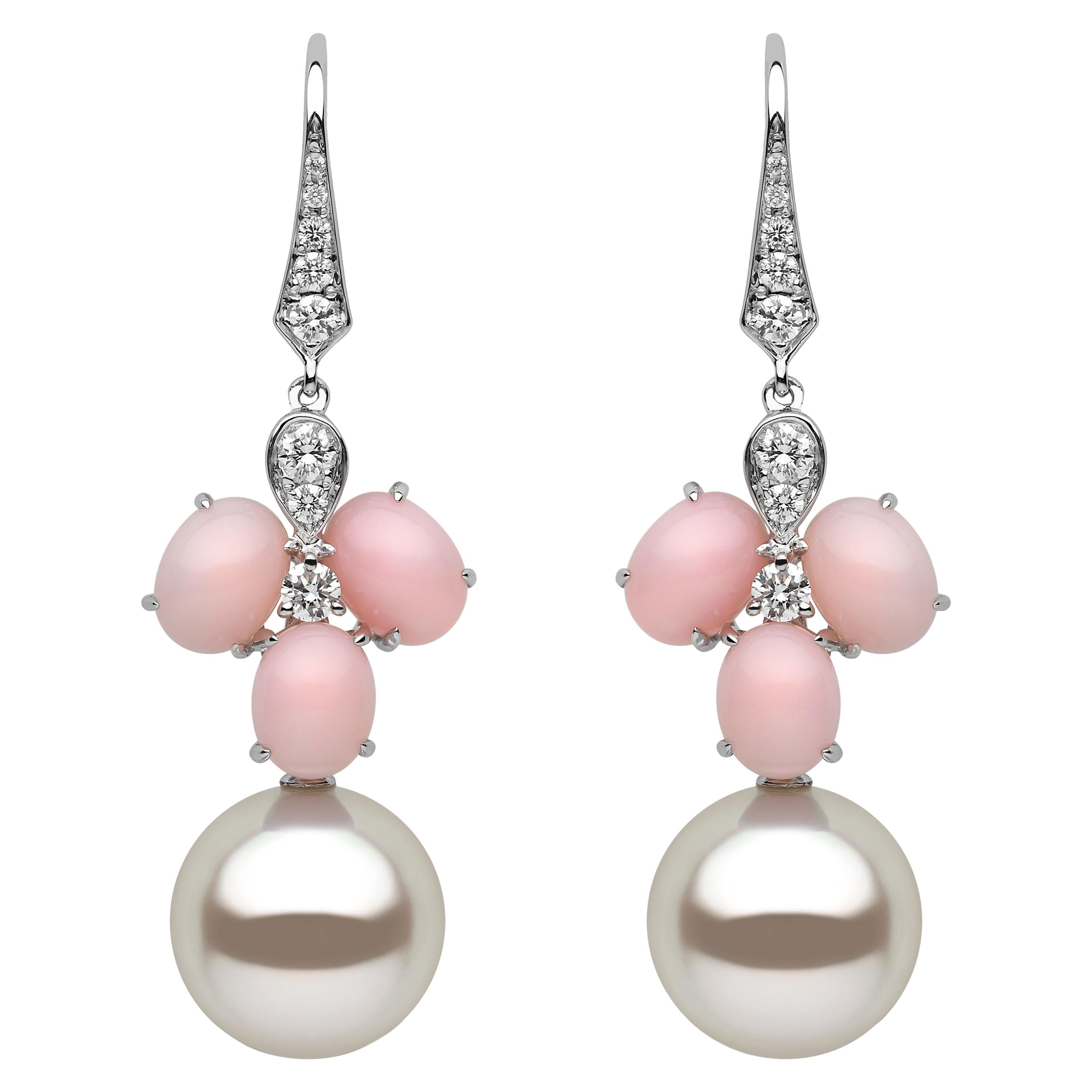 Yoko London South Sea Pearl, Coral and Diamond Earrings in 18 Karat White Gold For Sale