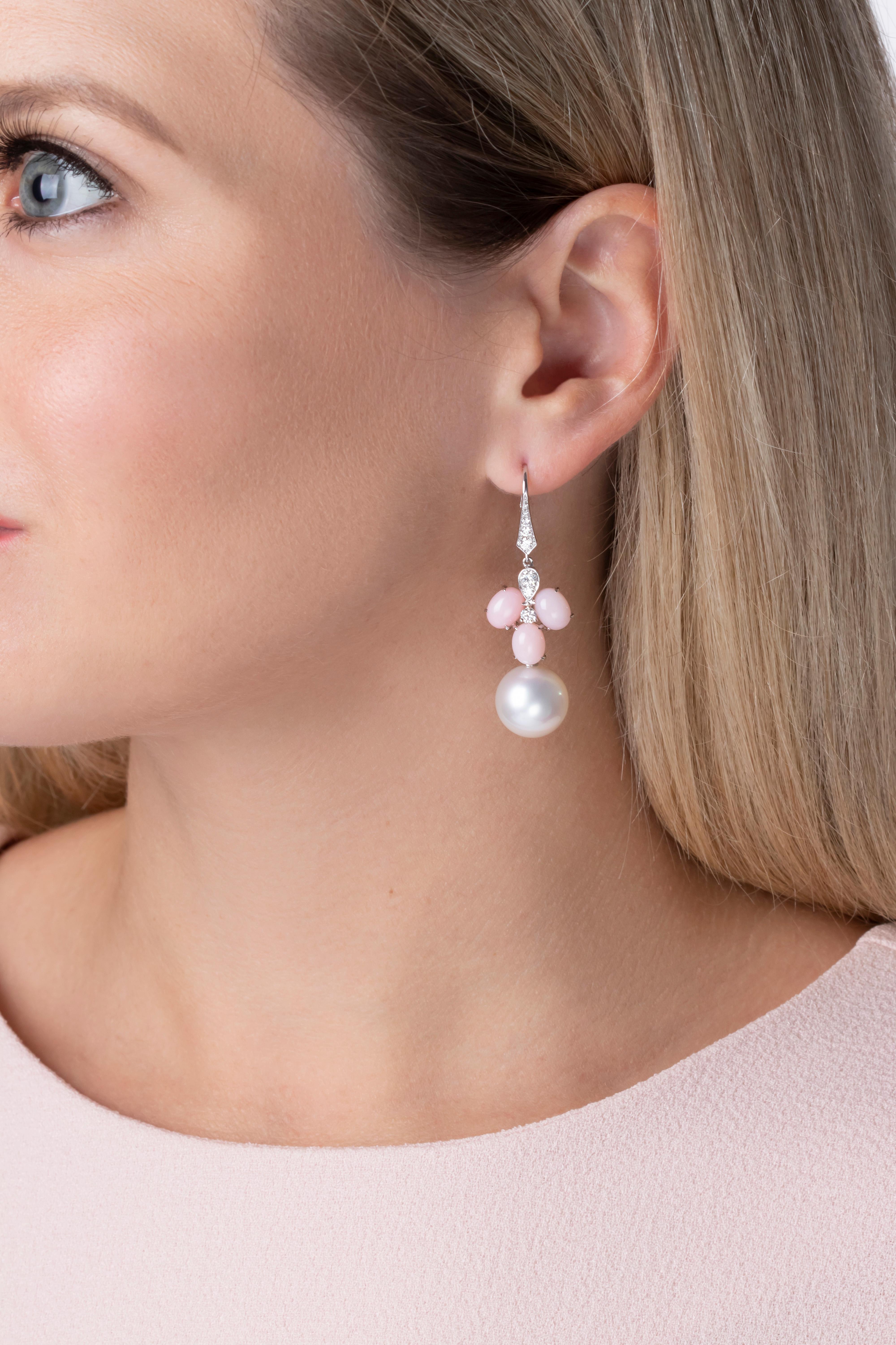 Women's Yoko London South Sea Pearl, Coral and Diamond Earrings in 18 Karat White Gold For Sale