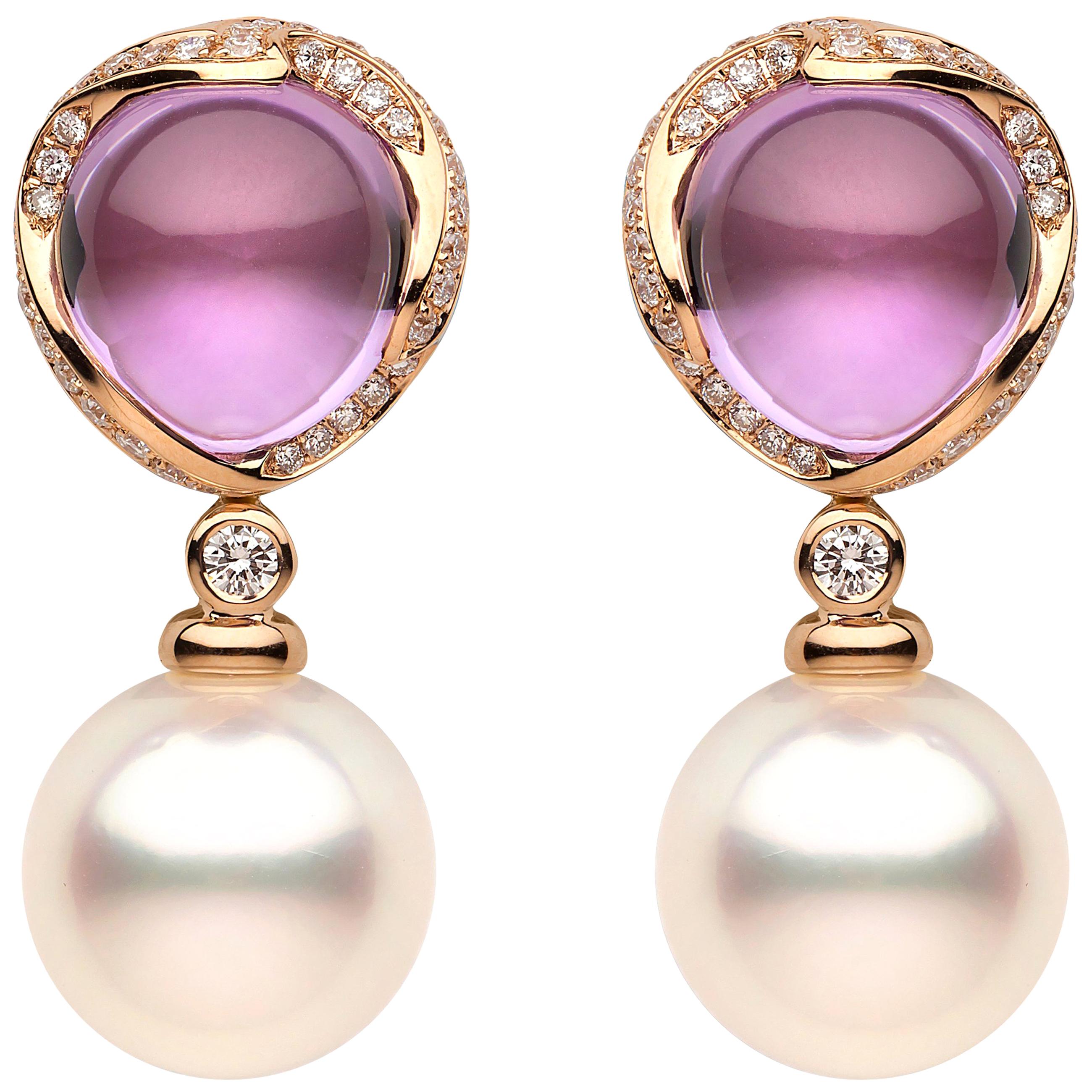Yoko London South Sea Pearl Diamond and Amethyst Earrings in 18 Karat Rose Gold
