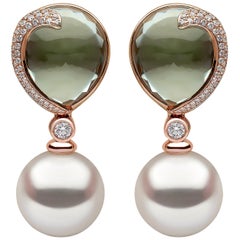 Yoko London South Sea Pearl Diamond and Green Amethyst Earrings in 18 Karat Gold