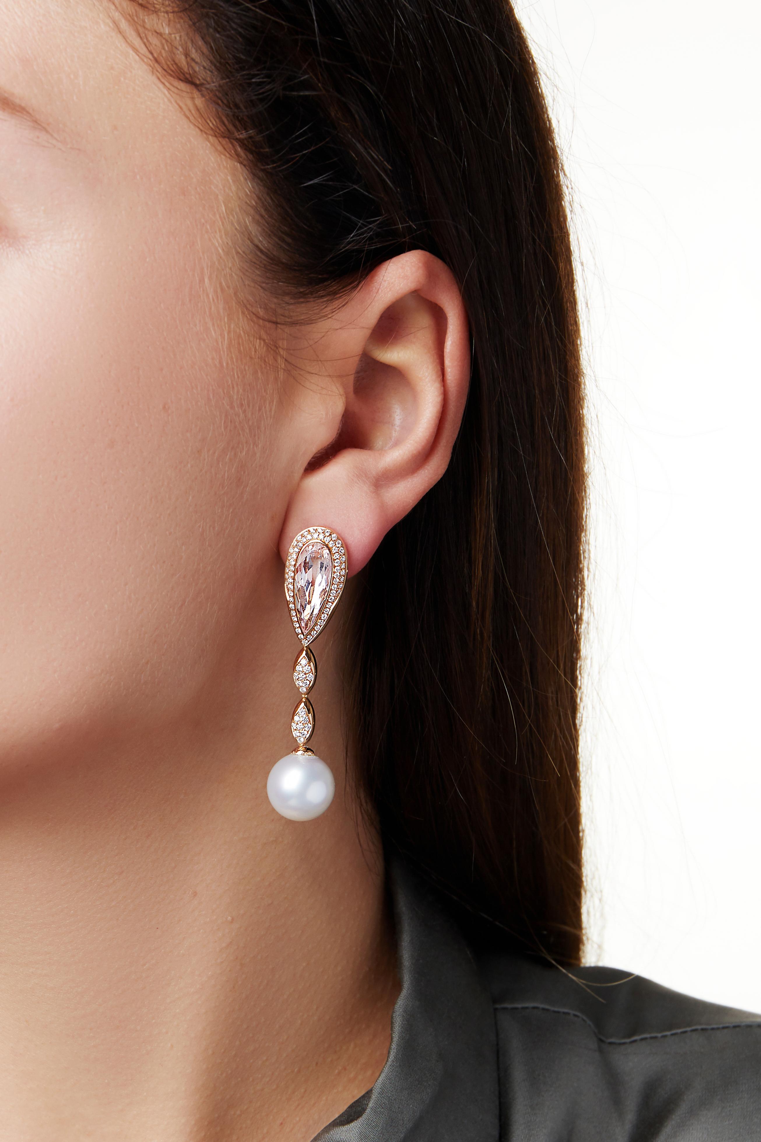 Modern Yoko London South Sea Pearl, Diamond and Morganite Earrings in 18K Rose Gold For Sale