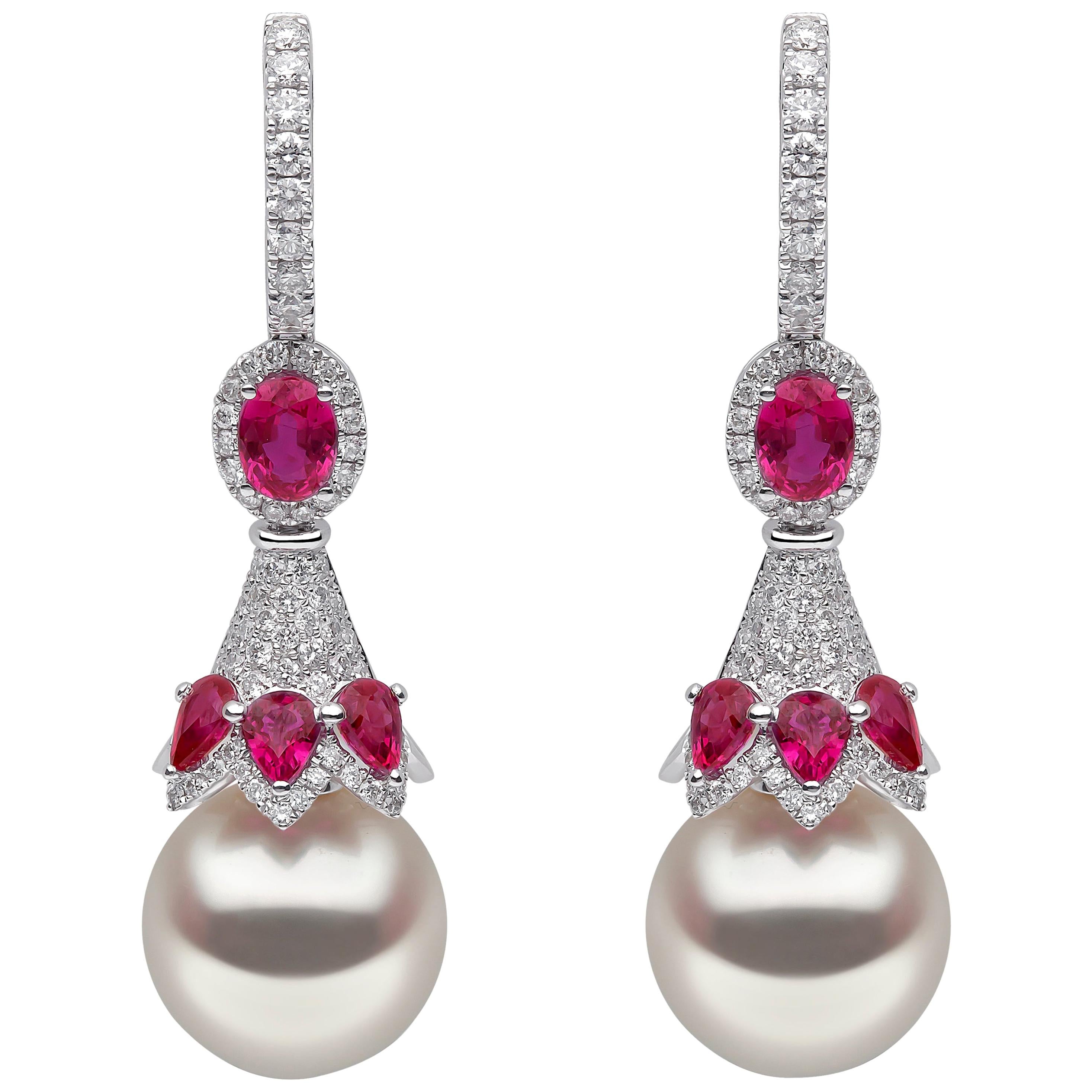 Yoko London South Sea Pearl, Diamond and Ruby Earrings in 18 Karat White Gold For Sale