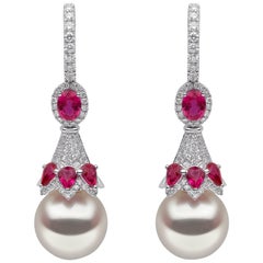 Yoko London South Sea Pearl, Diamond and Ruby Earrings in 18 Karat White Gold