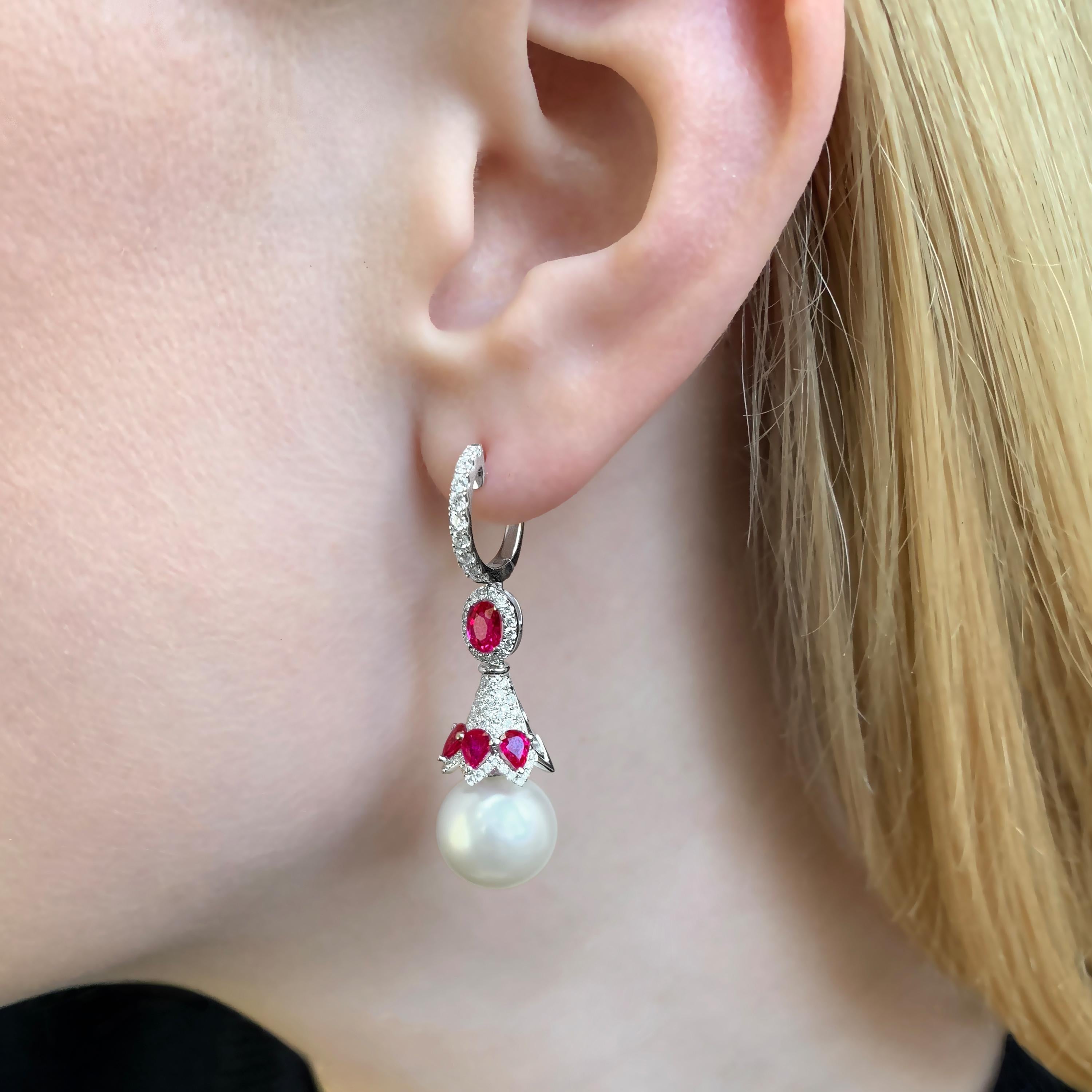 Modern Yoko London South Sea Pearl, Diamond and Ruby Earrings in 18 Karat White Gold For Sale