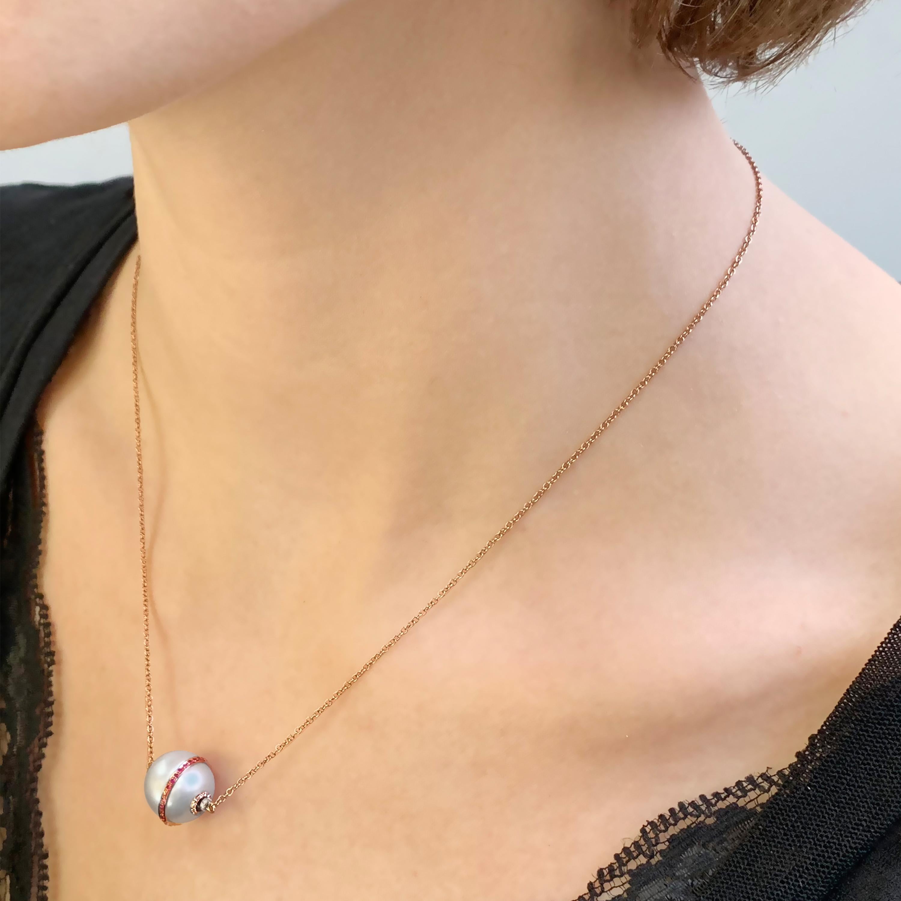 Round Cut Yoko London South Sea Pearl, Diamond and Ruby Necklace in 18 Karat Rose Gold