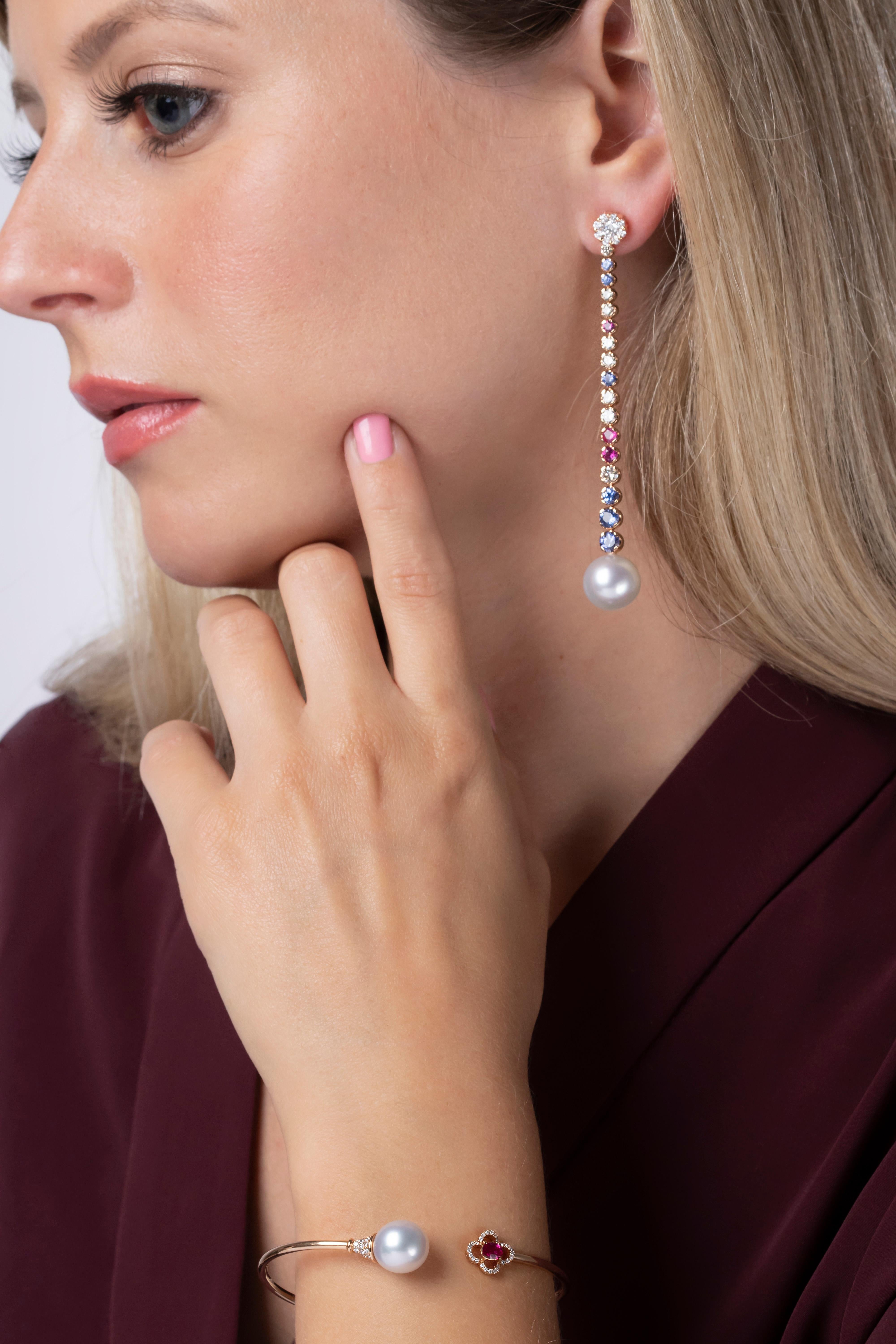 These stunning earrings by Yoko London feature lustrous 12.1mm South Sea pearls beneath an assortment of multi-coloured sapphires and diamonds. Expertly designed in our London atelier, these earrings have been designed to move with their wearer,