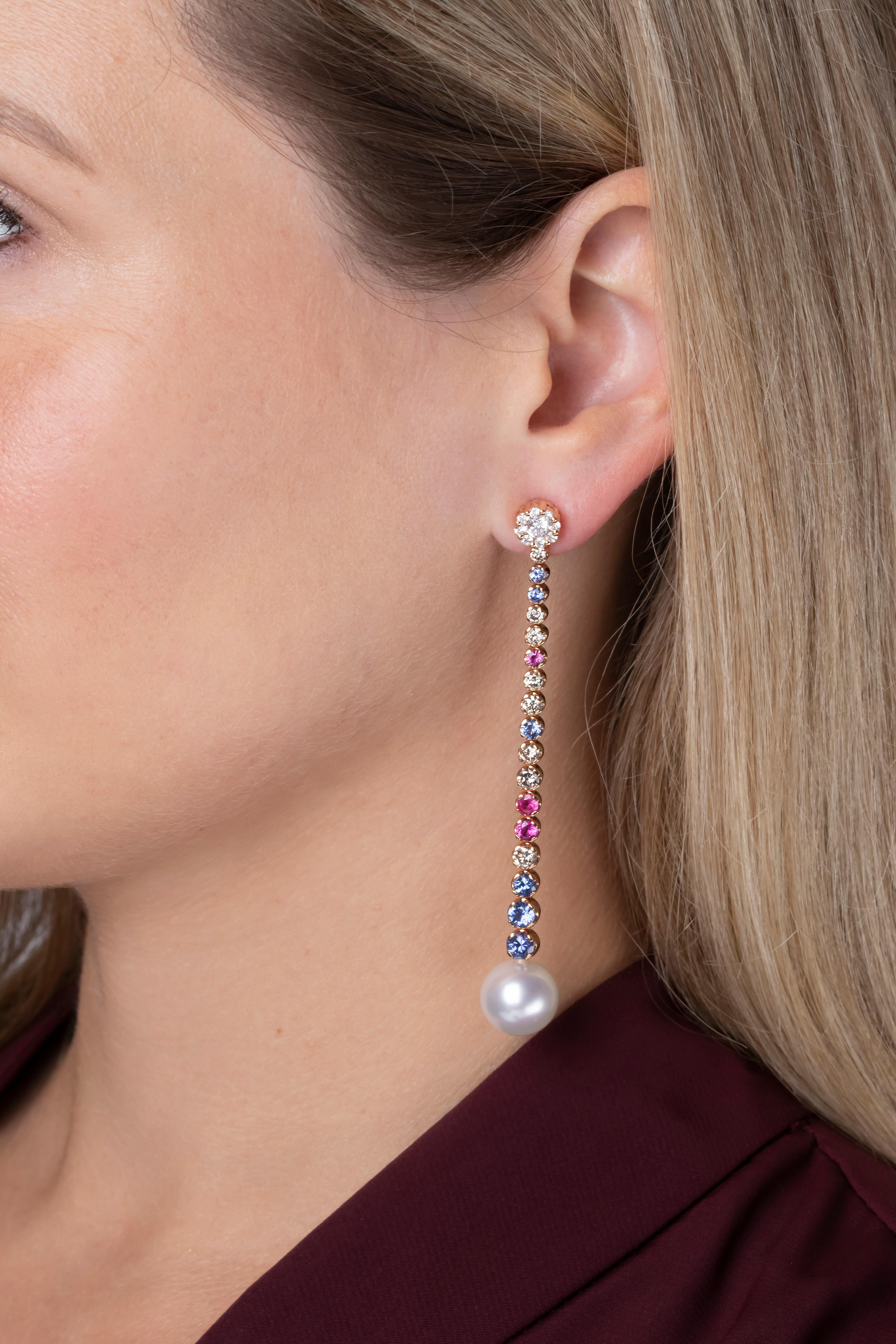 Round Cut Yoko London South Sea Pearl, Diamond and Sapphire Earrings in 18 Karat Rose Gold