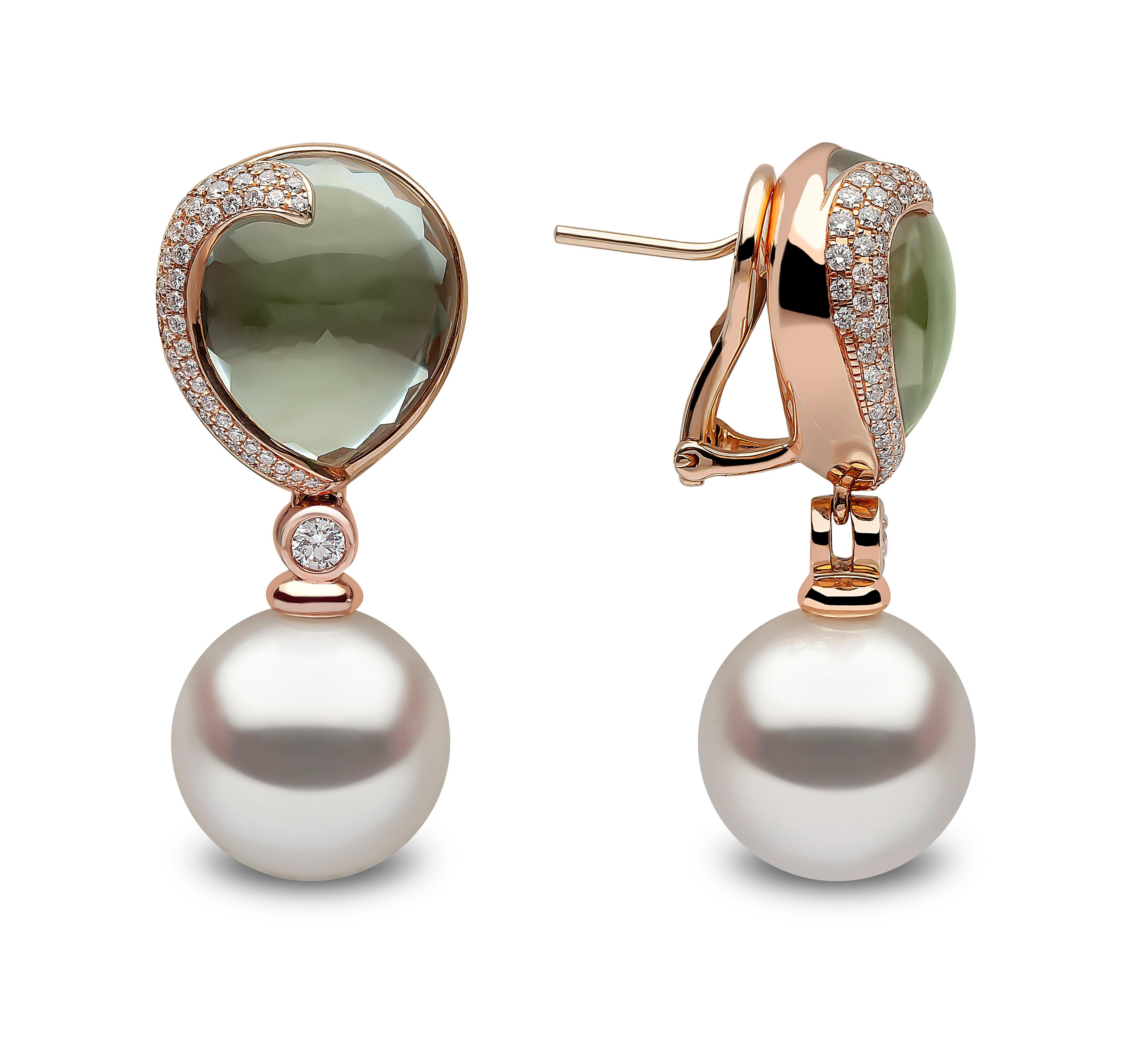 These gorgeous earrings by Yoko London feature a lustrous South Sea pearl beneath a mesmerising green amethyst. Set in warm 18 Karat rose gold to enrich the hue of the green amethyst and the radiance of the South Sea pearl. These stunning earrings