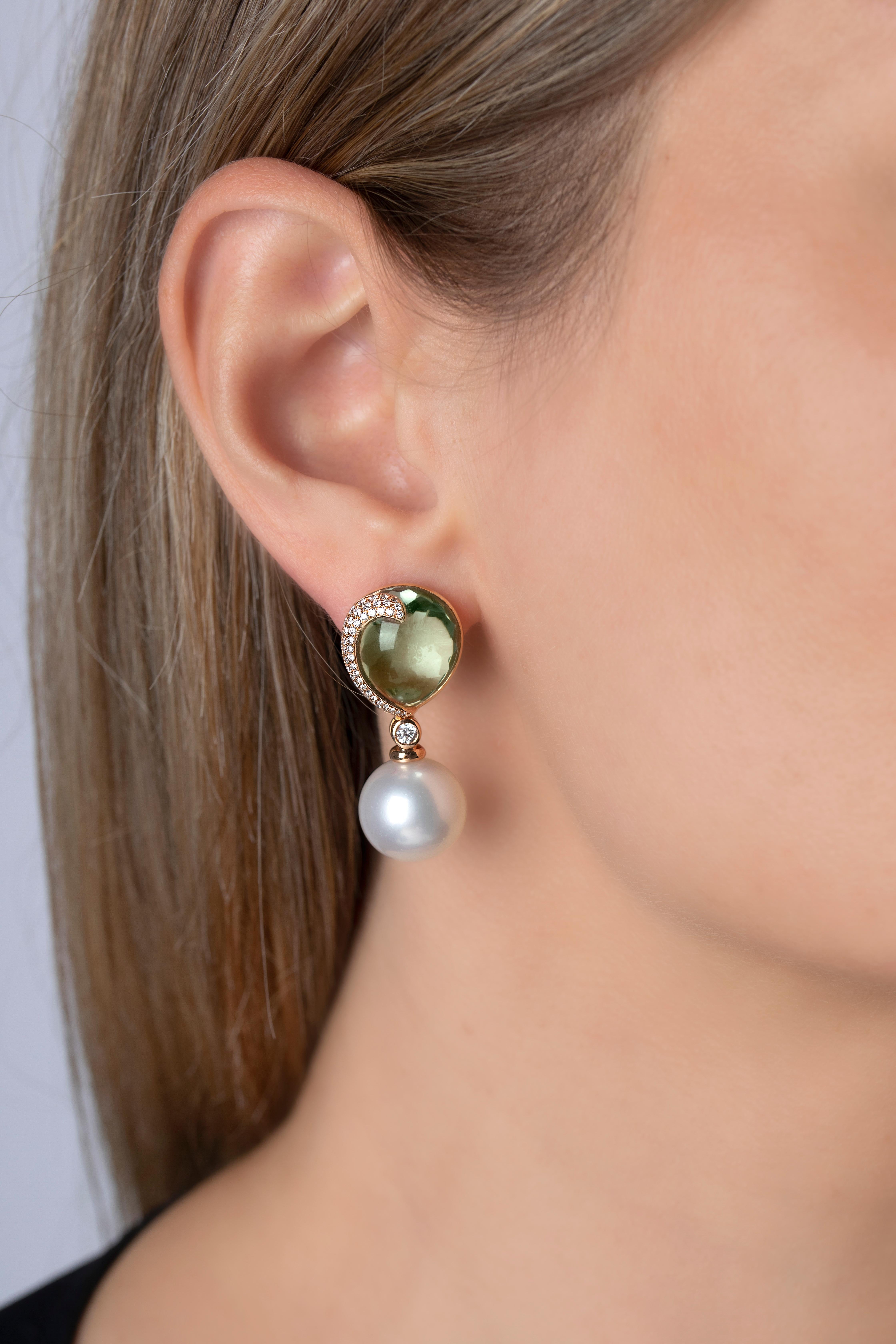 Modern Yoko London South Sea Pearl Diamond and Green Amethyst Earrings in 18 Karat Gold