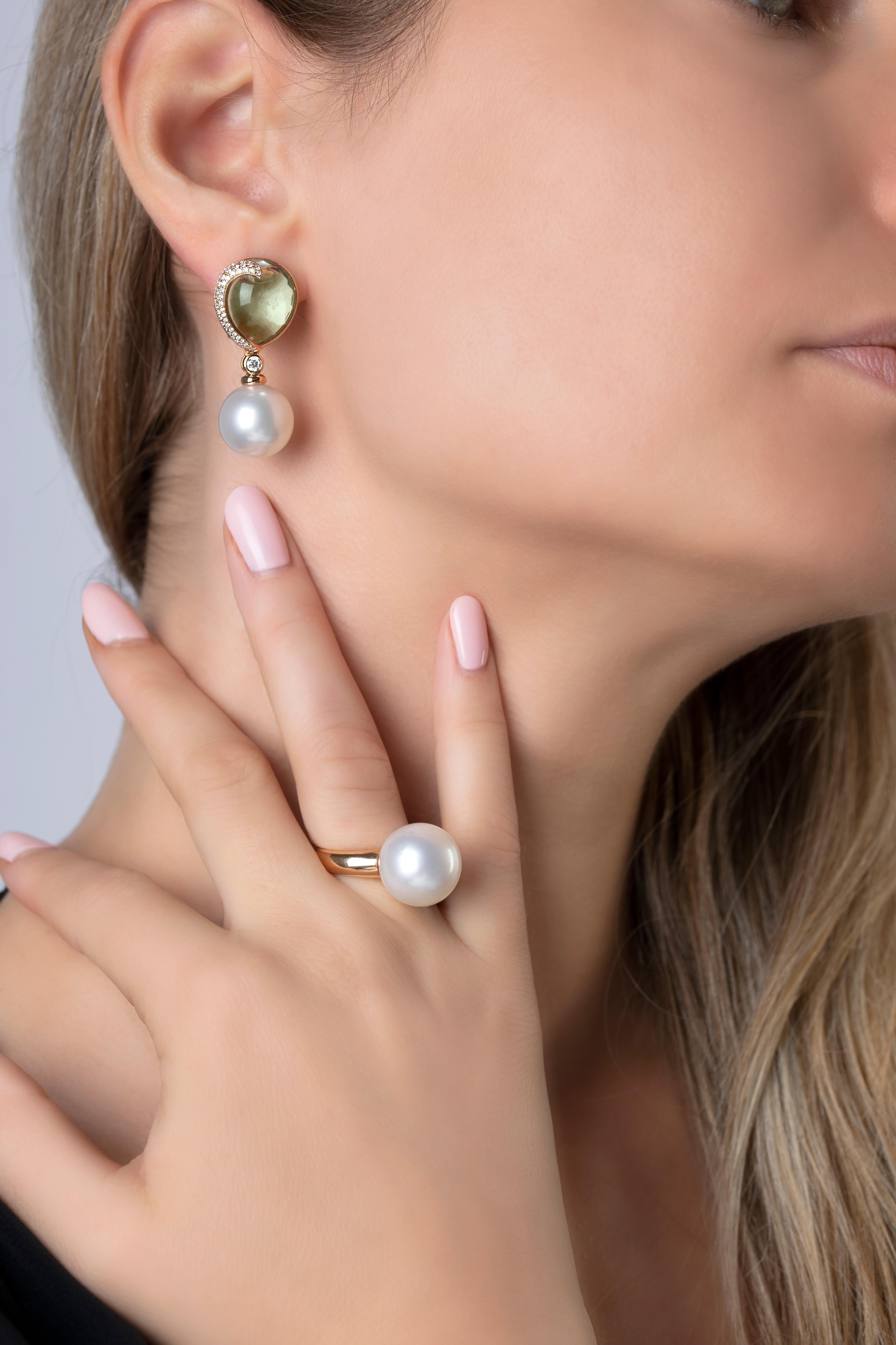 Round Cut Yoko London South Sea Pearl Diamond and Green Amethyst Earrings in 18 Karat Gold