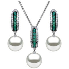 Yoko London South Sea Pearl, Emerald and Diamond Pendant and Earring in 18K Gold