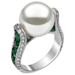 Yoko London South Sea Pearl, Emerald and Diamond Ring in 18 Karat White Gold