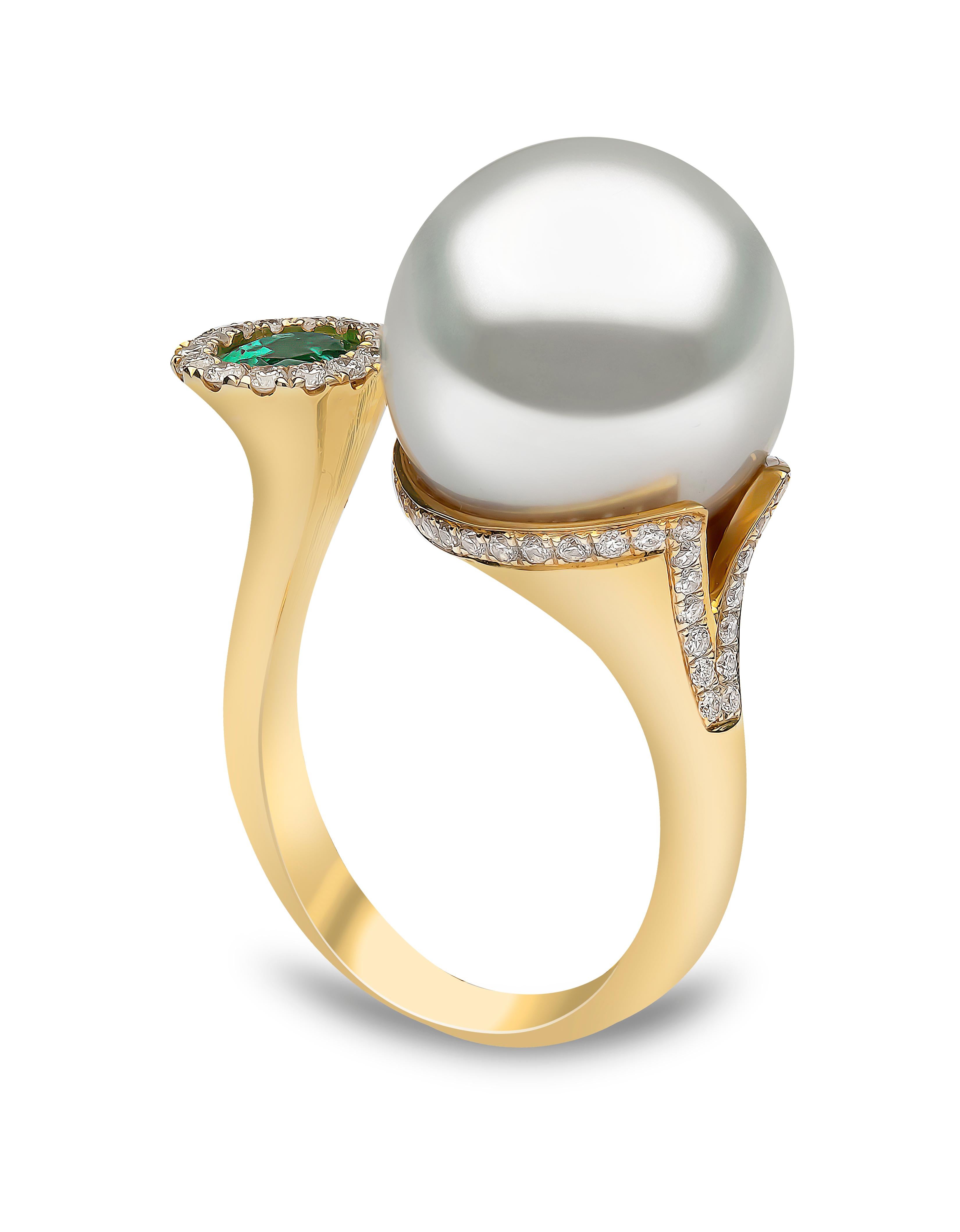 Round Cut Yoko London South Sea Pearl, Emerald and Diamond Ring in 18 Karat Yellow Gold