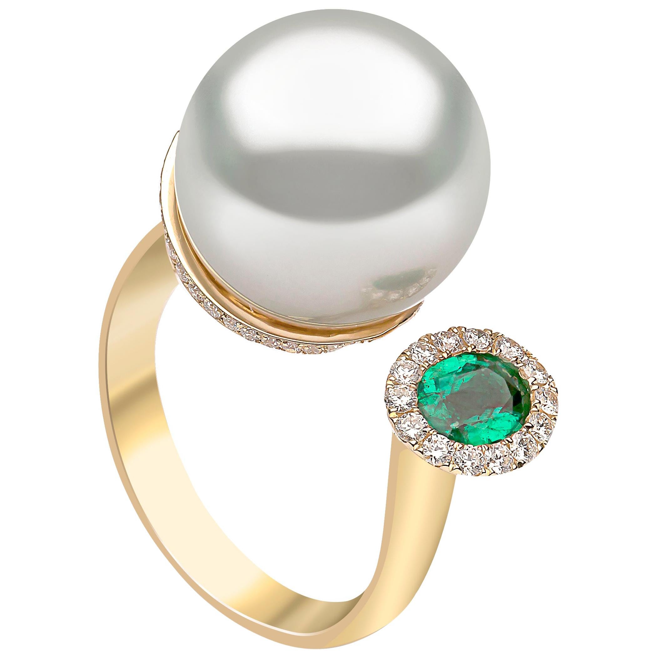 Yoko London South Sea Pearl, Emerald and Diamond Ring in 18 Karat Yellow Gold