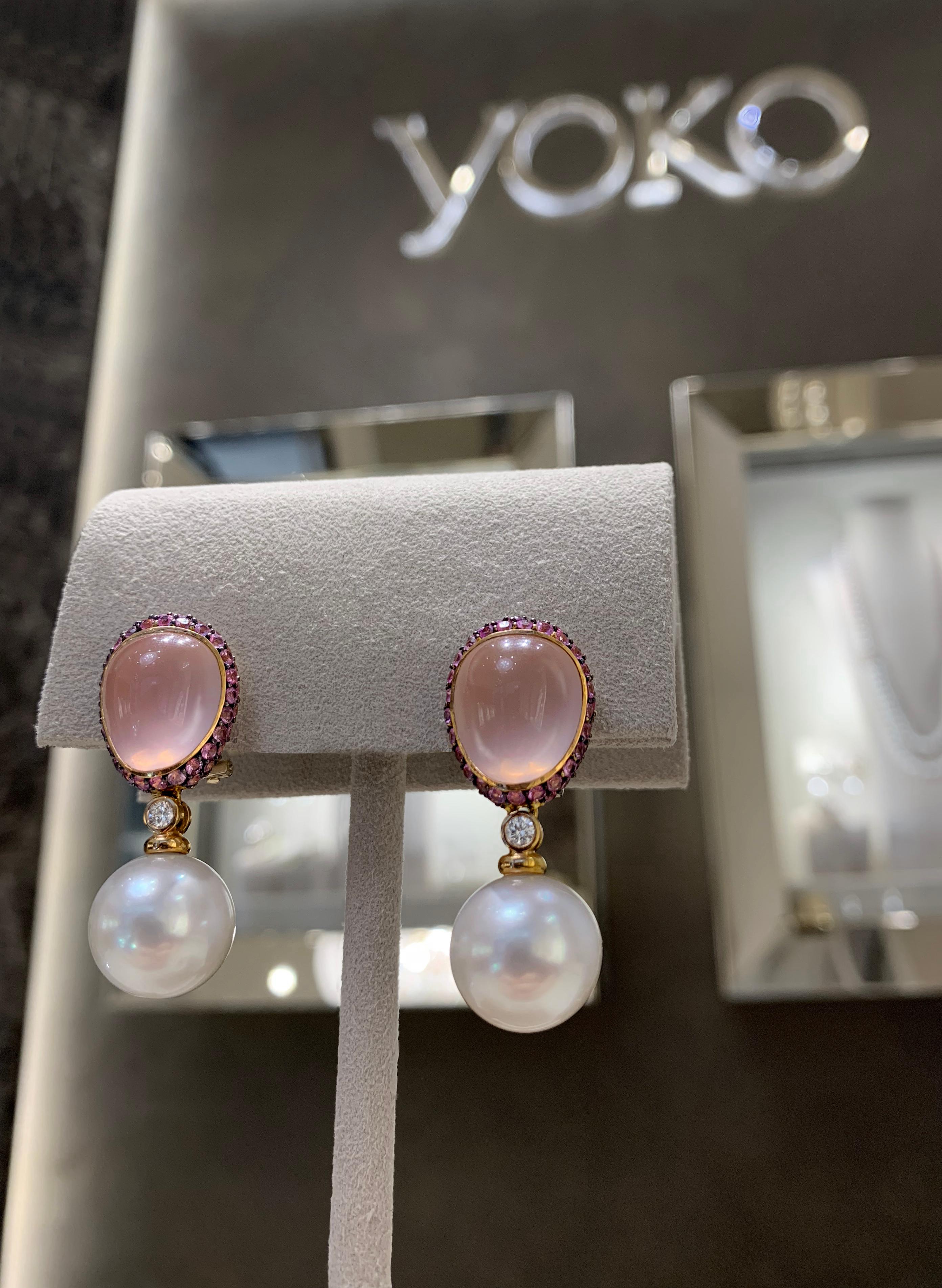 Modern Yoko London South Sea Pearl, Quartz, Sapphire & Diamond Earrings in 18K Gold