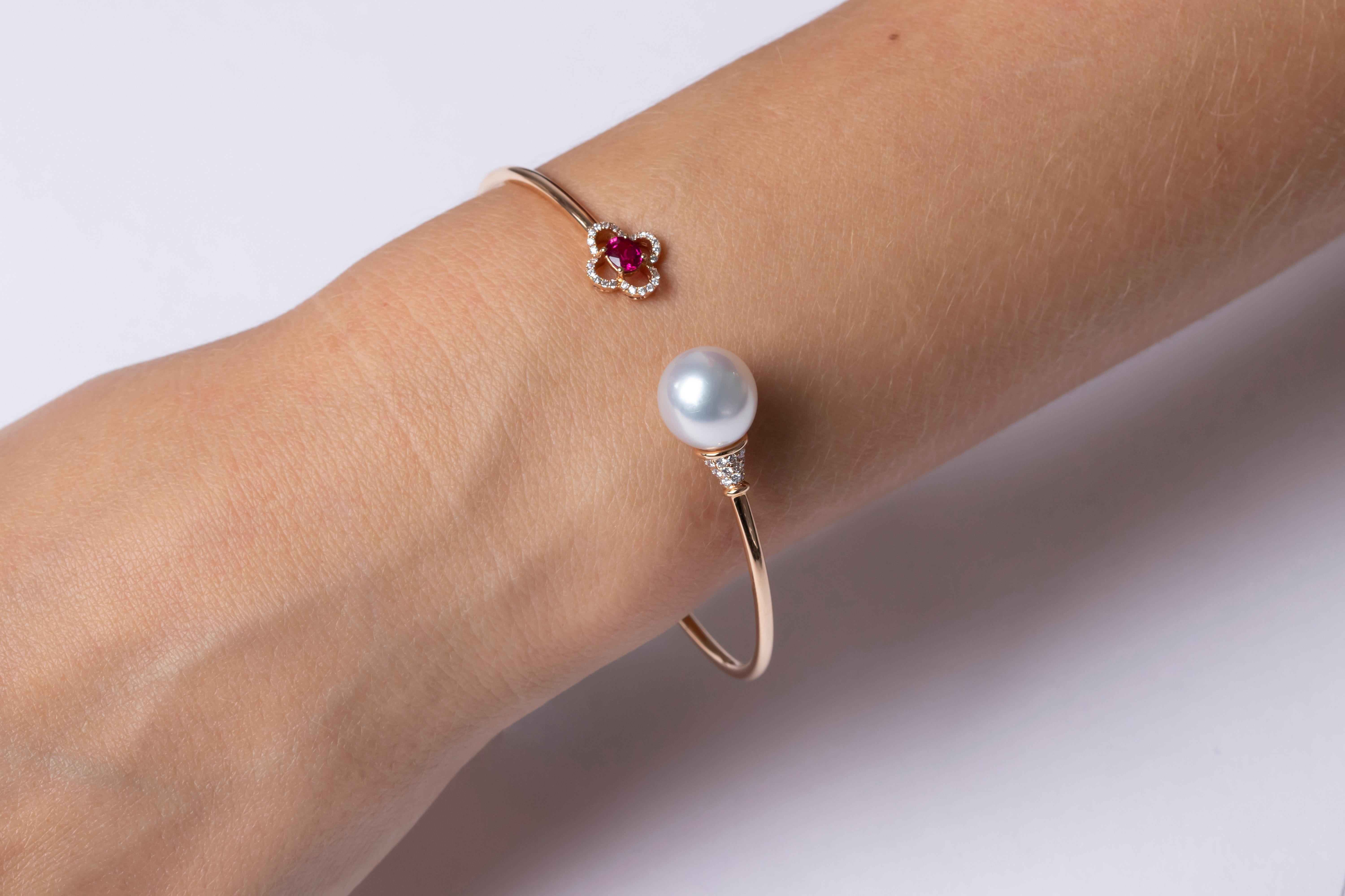 Round Cut Yoko London South Sea Pearl, Ruby and Diamond Bangle in 18 Karat Rose Gold For Sale